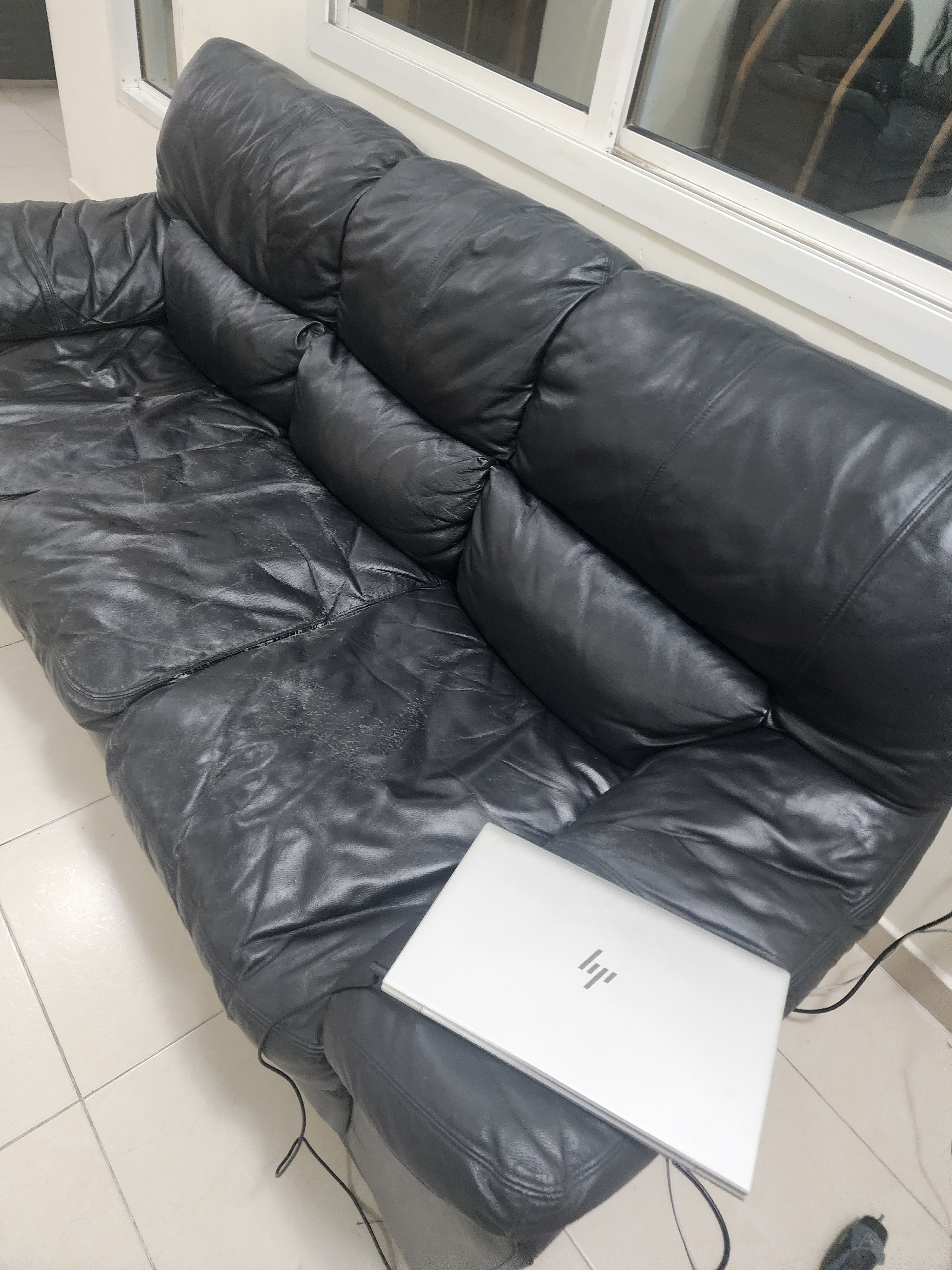 Free dining table with 4 chair and 3+2 leather sofa slightly damaged. Should take all together - Image 3