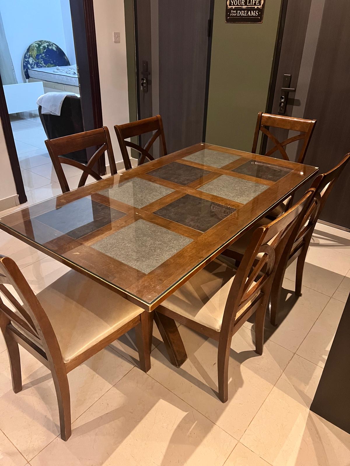 DINING TABLE WOODEN UNIQUE DESINGED (TEMPERED GLASS TOP) with 6 CHAIRS - Image 2