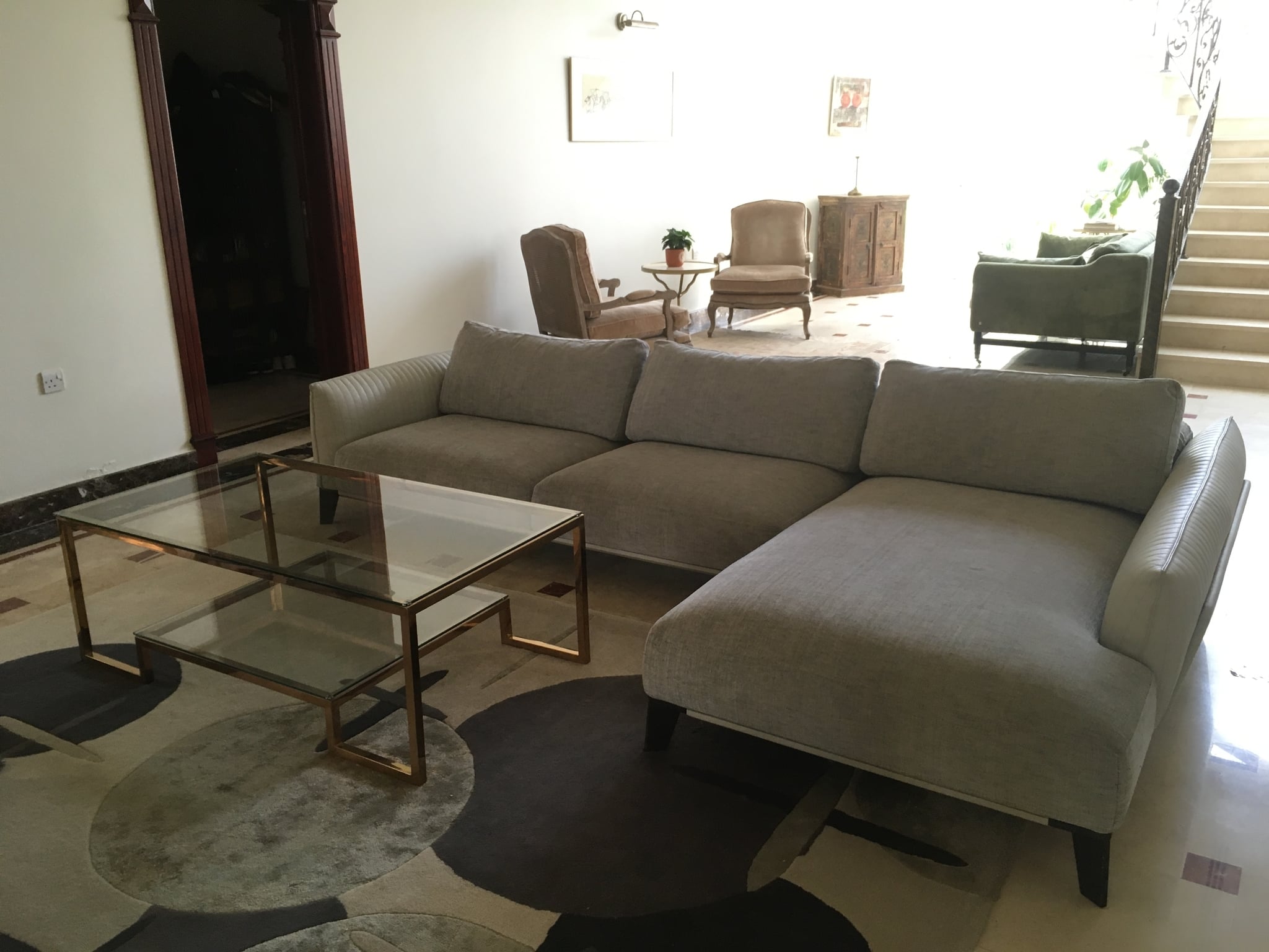 Roche Bobois Leather & Twill Sofa + Light Blue Wool Carpet - Image 6