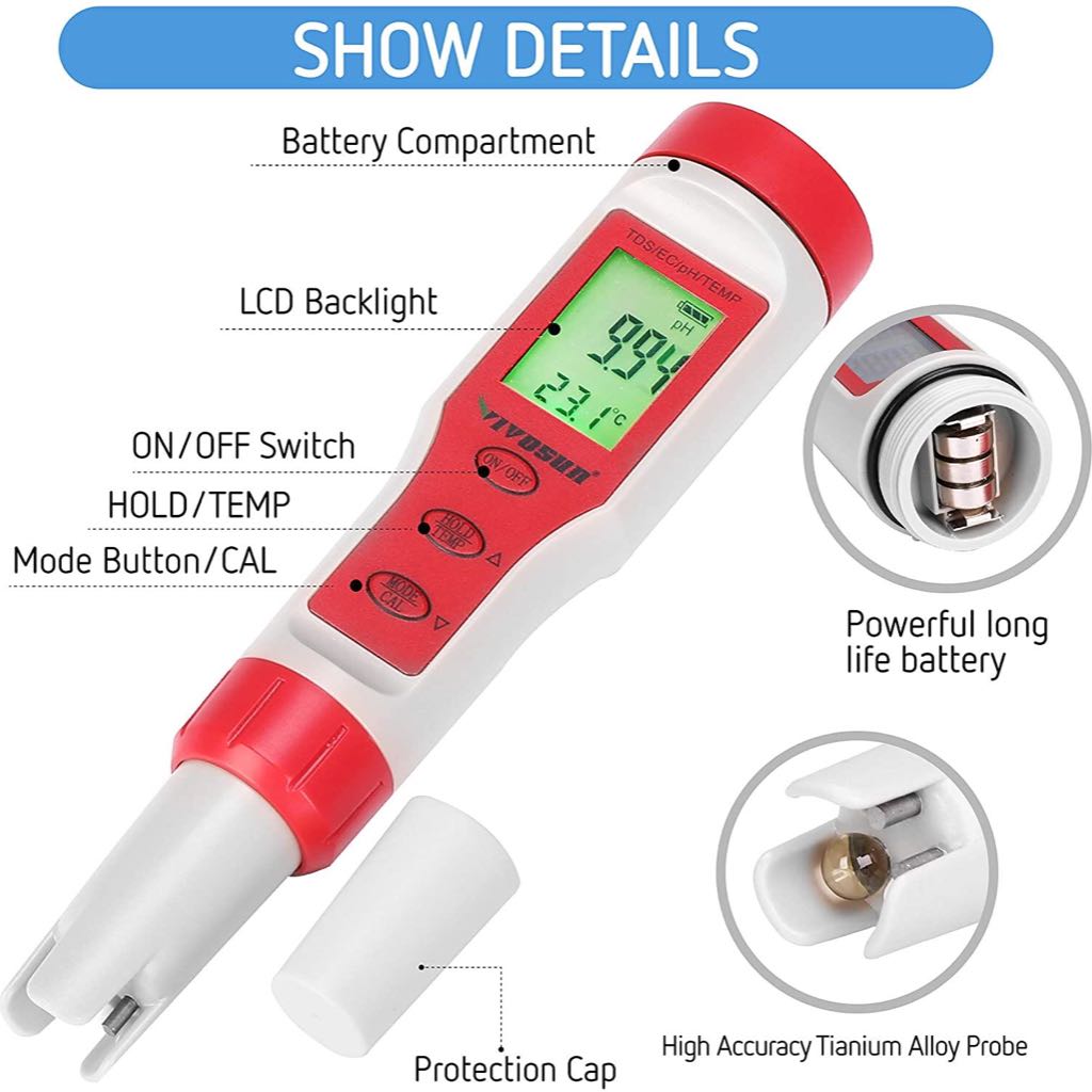 Digital pH Meter with ATC, pH/TDS/EC/Temp Functions - Image 2