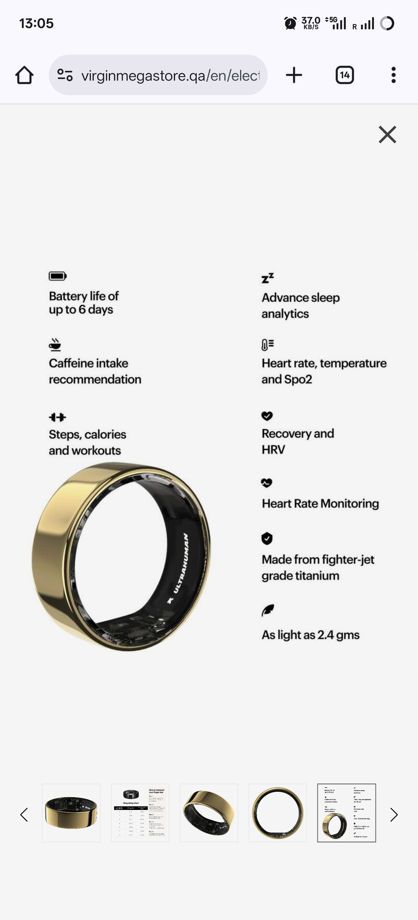 Ultrahuman Ring Air, Bionic Gold, Size 8 - Image 2