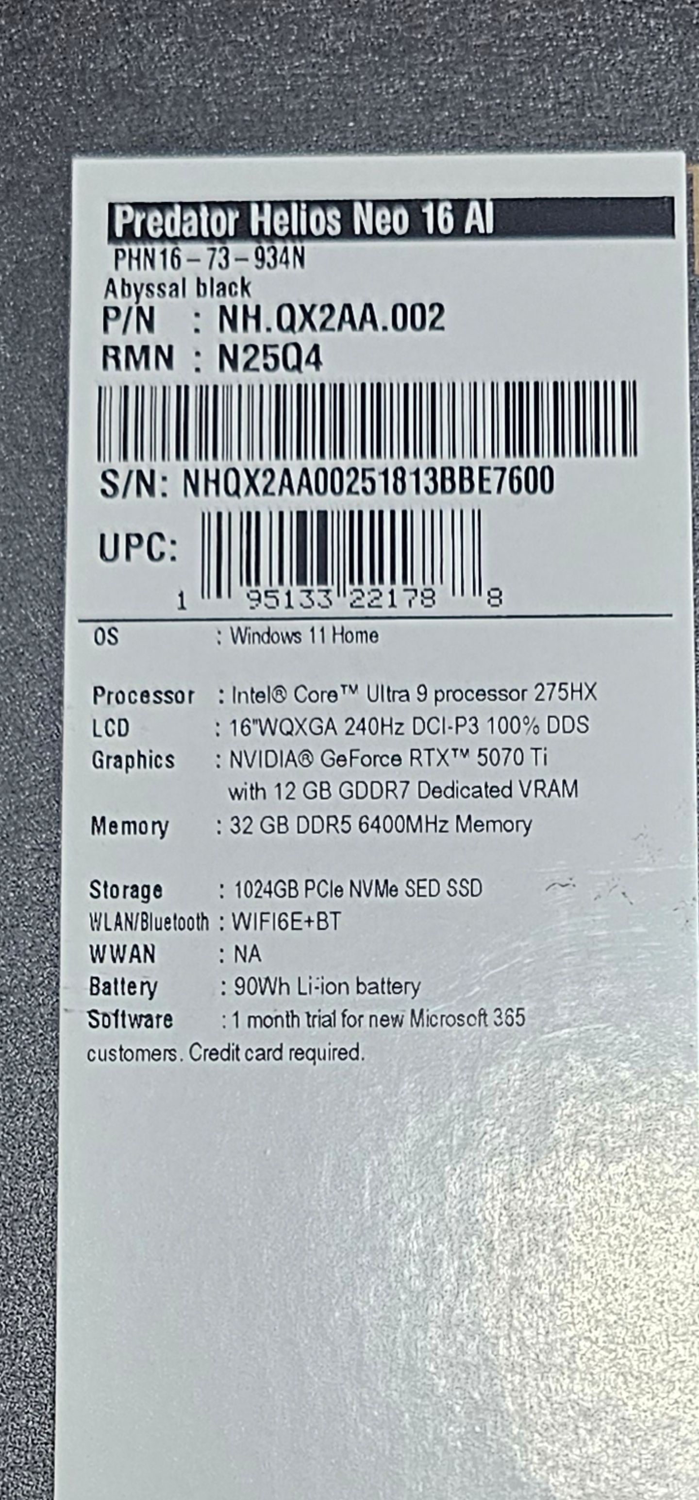 ? Acer Predator Helios Neo 16 AI – Ultra 9 275HX | RTX 5070 Ti | 32GB | 1TB | Like New - Image 6
