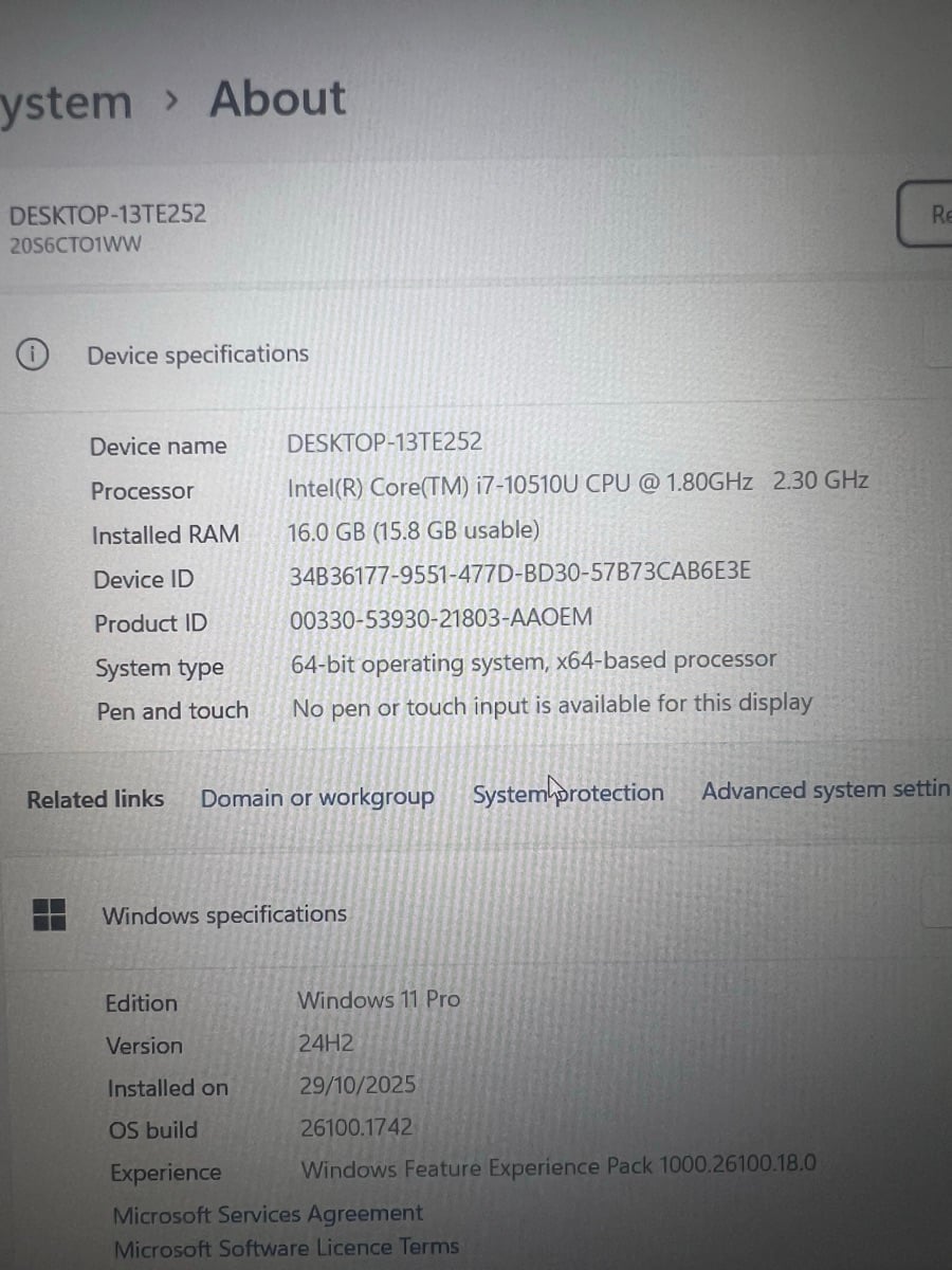 Lennova Thinkpad T15 GEN1 ,I7 -10510 CPU 2.1 GHZ ,windows 11 pro ,16Gb RAM,1 TB memory . - Image 3