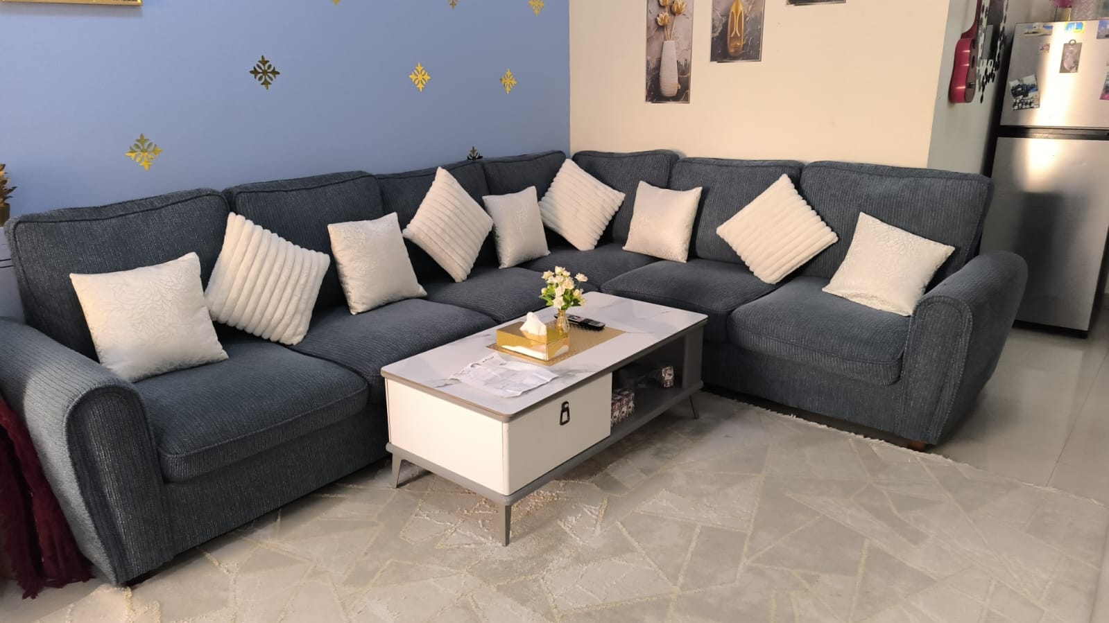 Brand New Fabric L Shape Corner Sofa and Marble Centre Table with Bill - Image 2