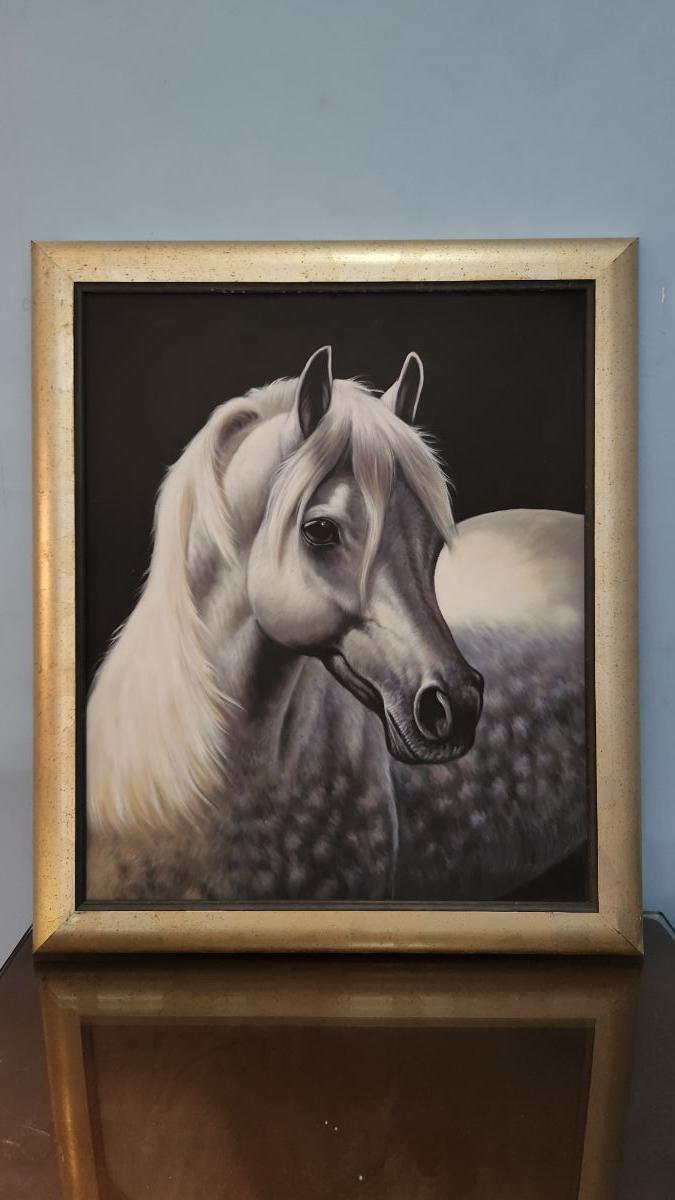 White Arabian horse Painting with Golden Frame - Image 1