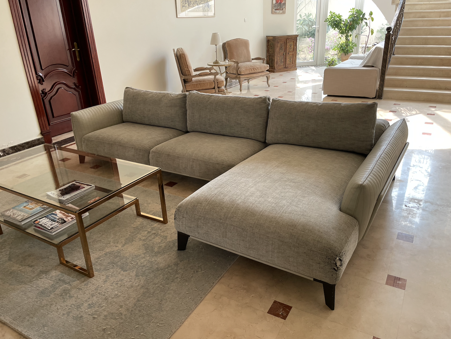 Roche Bobois Leather & Twill Sofa + Light Blue Wool Carpet - Image 2