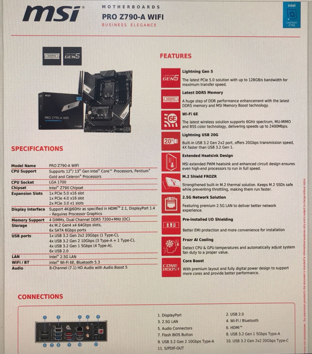 MSI PRO Z790-A Wi-Fi Hi-end motherboard, DDR5 GEN5 12, 13 & 14th gen 1700 socket CPU Wi-Fi-6E 6ghz, - Image 2