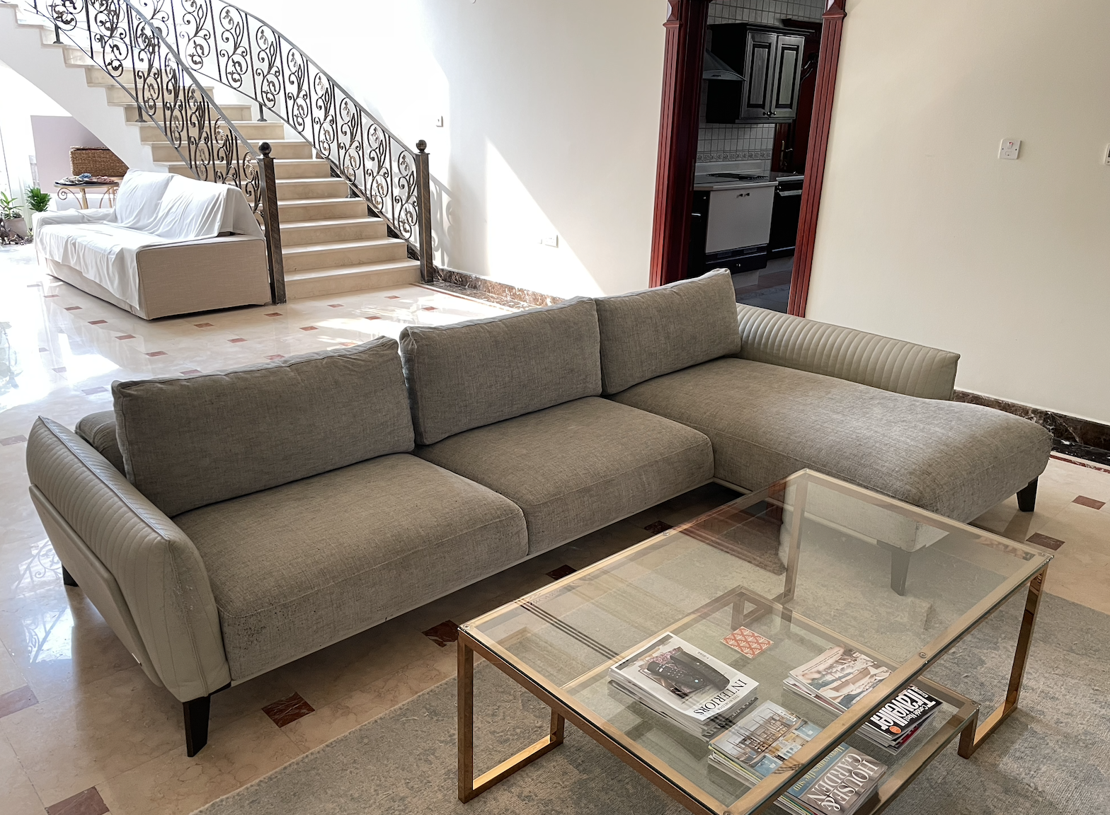 Roche Bobois Leather & Twill Sofa + Light Blue Wool Carpet - Image 1