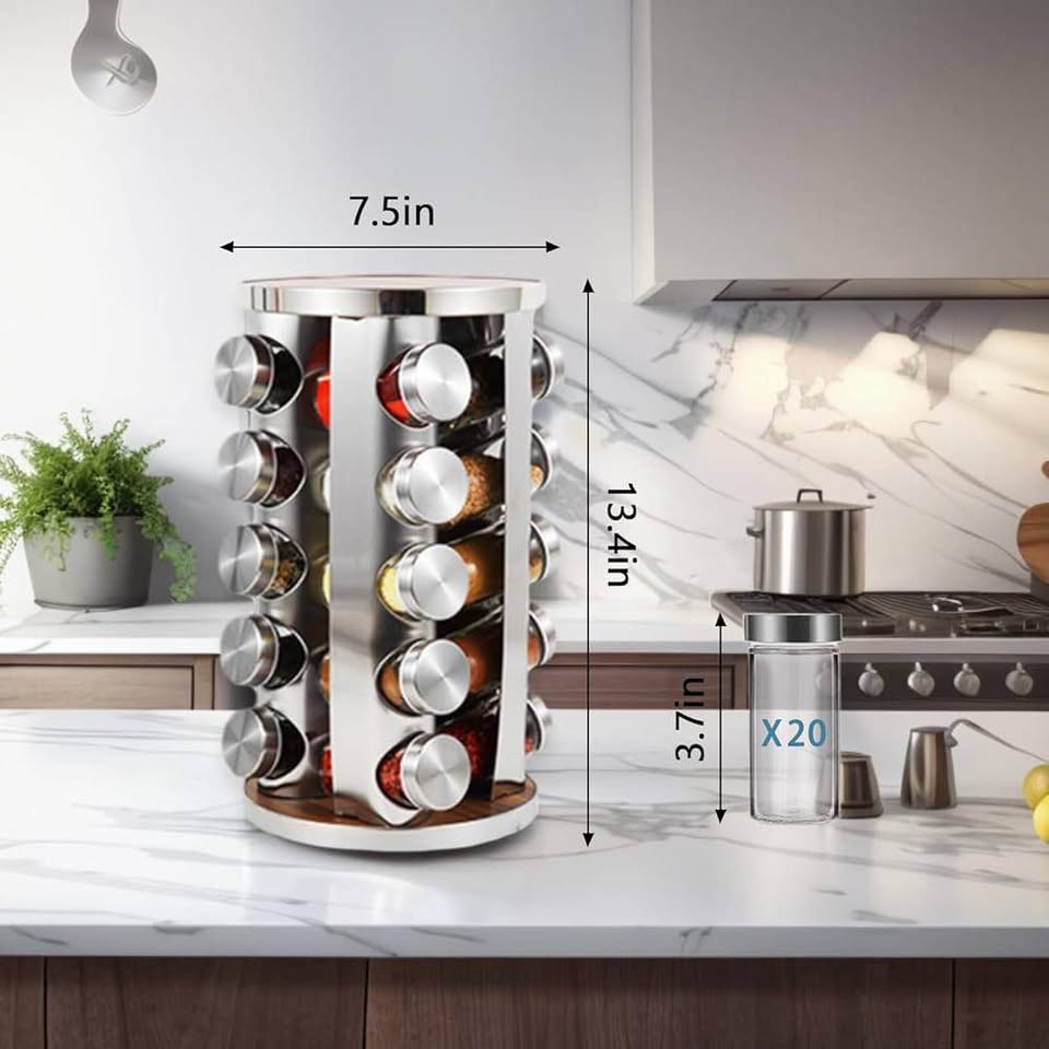 Stainless Steel Spice Rack - 20 Glass Jars High Quality 360 Rotating - Image 3