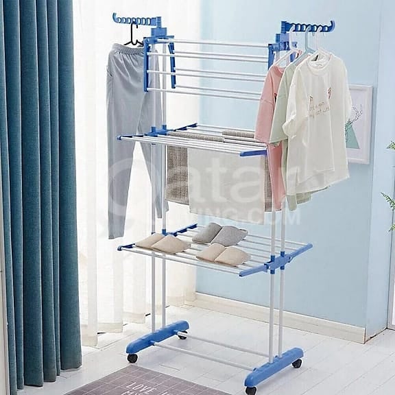 3 Layer Foldable Cloth Drying Rack with Wheels - Image 1