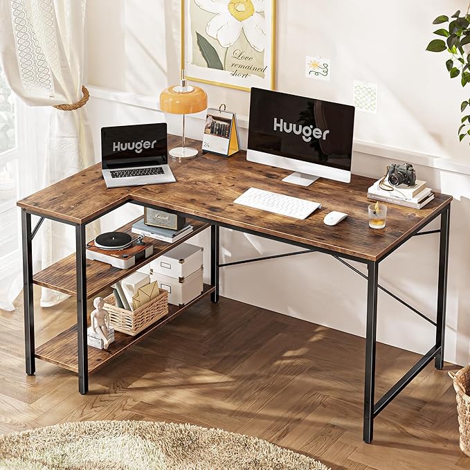 L-Shaped Office Desk Corner Computer Desk Table with Storage Shelf - Image 1