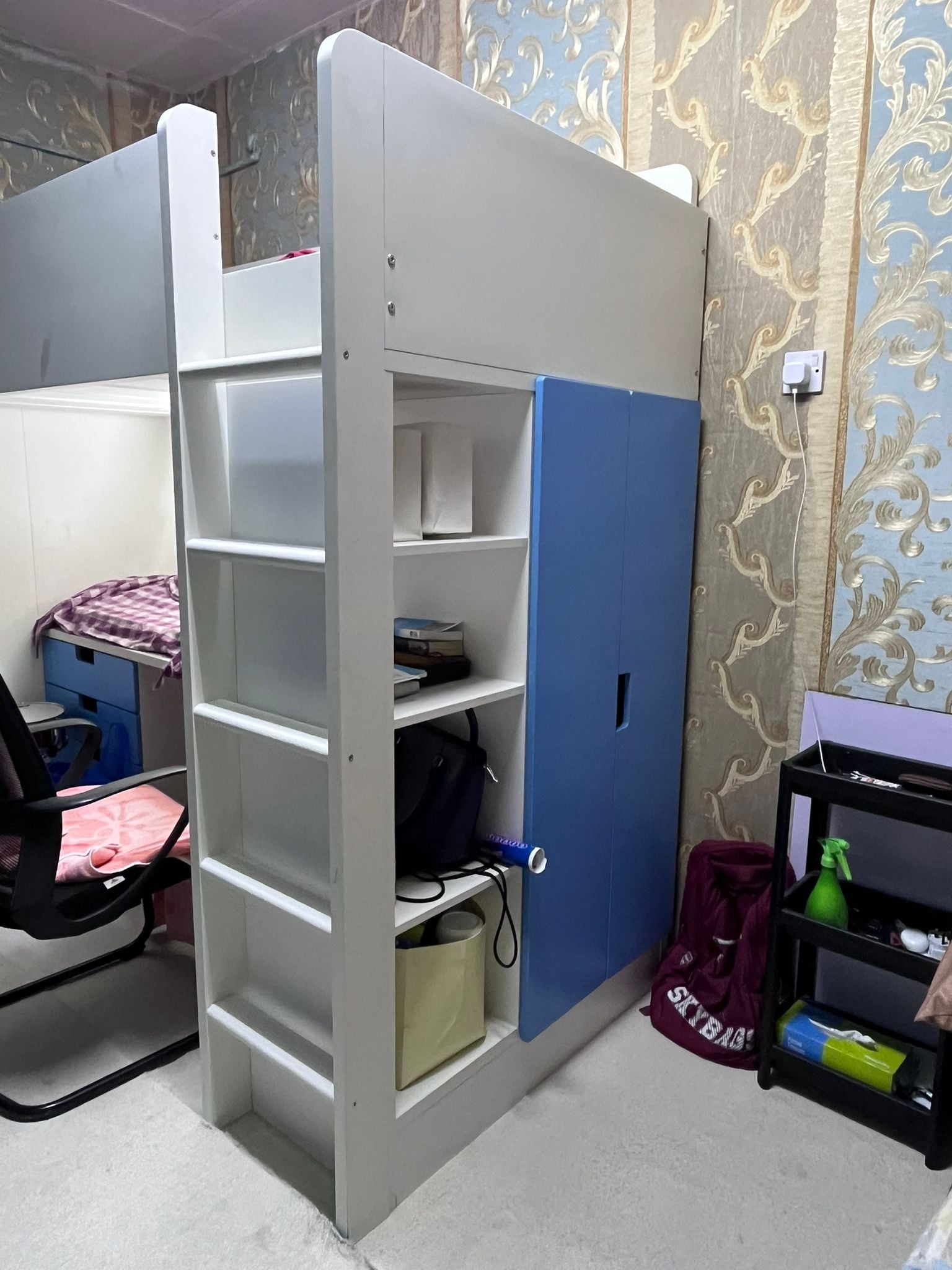 Urgent sale IKEA Loft bed, white blue/with desk with 4 drawers, 90x200 cm for kids bunk bed - Image 1