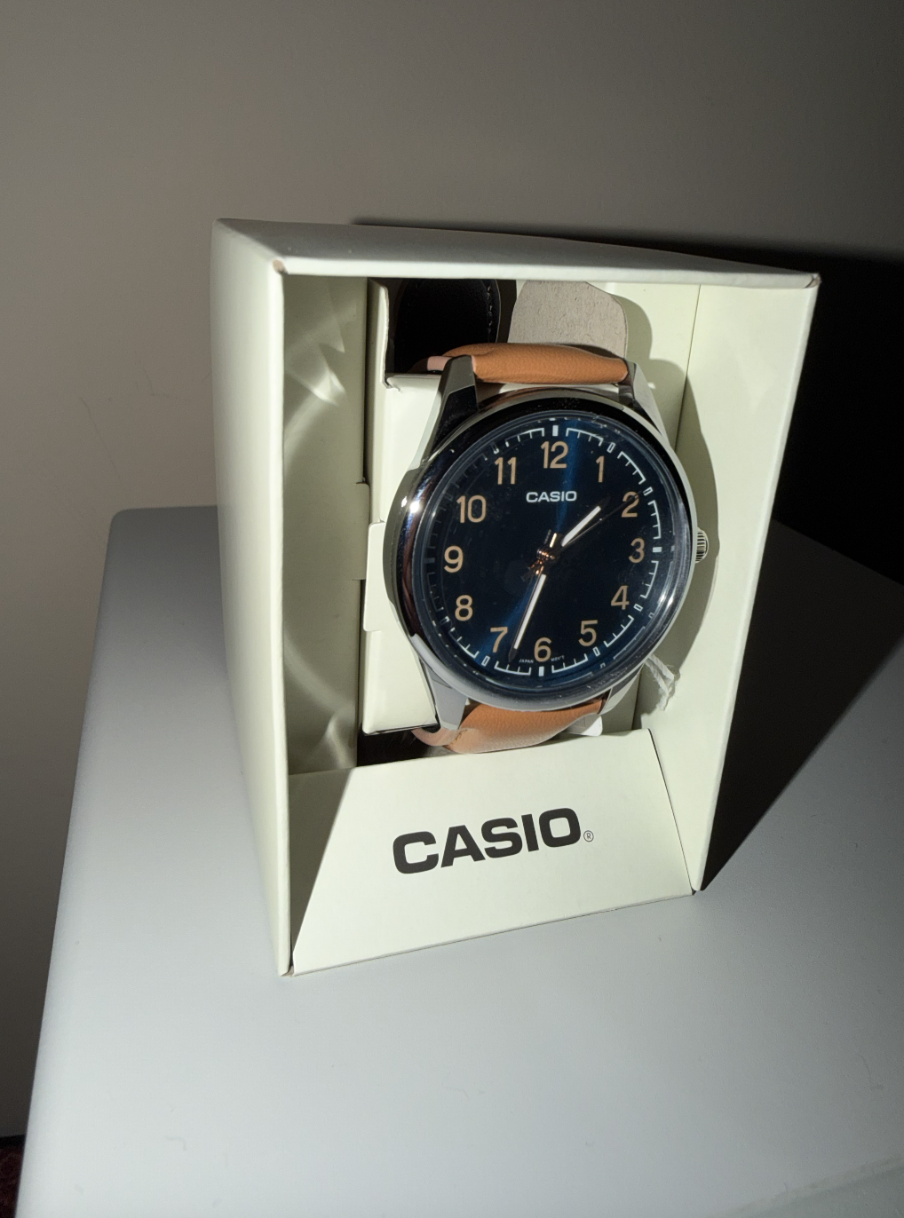 Brand New Casio Analog Watch – Blue Dial & Tan Leather Strap - Image 1