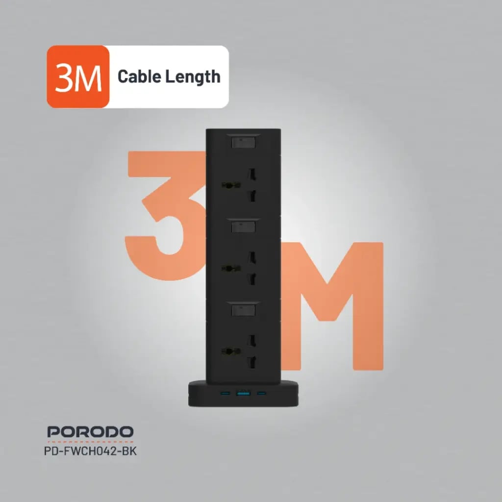 Porodo Three-Story 12AC Power Hub With USB-C PD & Quick Charge 3.0 - Image 2