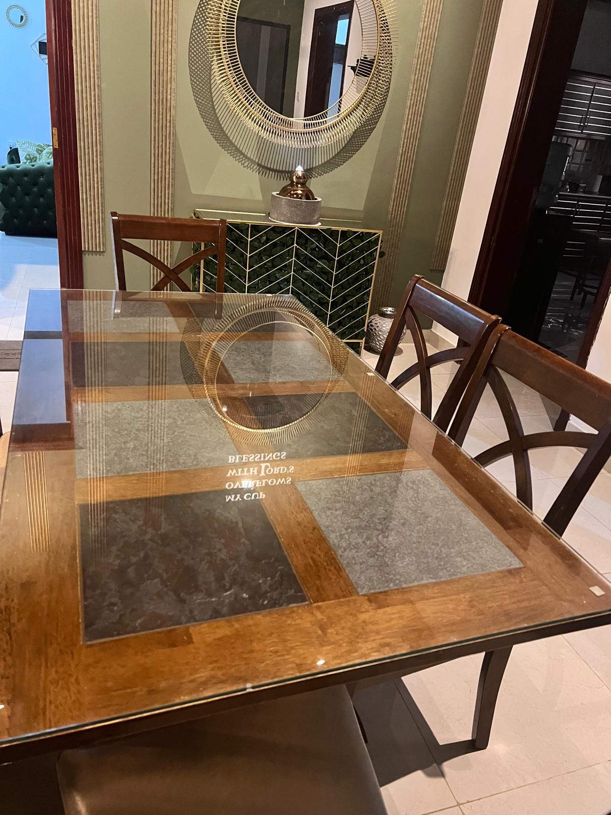 DINING TABLE WOODEN UNIQUE DESINGED (TEMPERED GLASS TOP) with 6 CHAIRS - Image 1