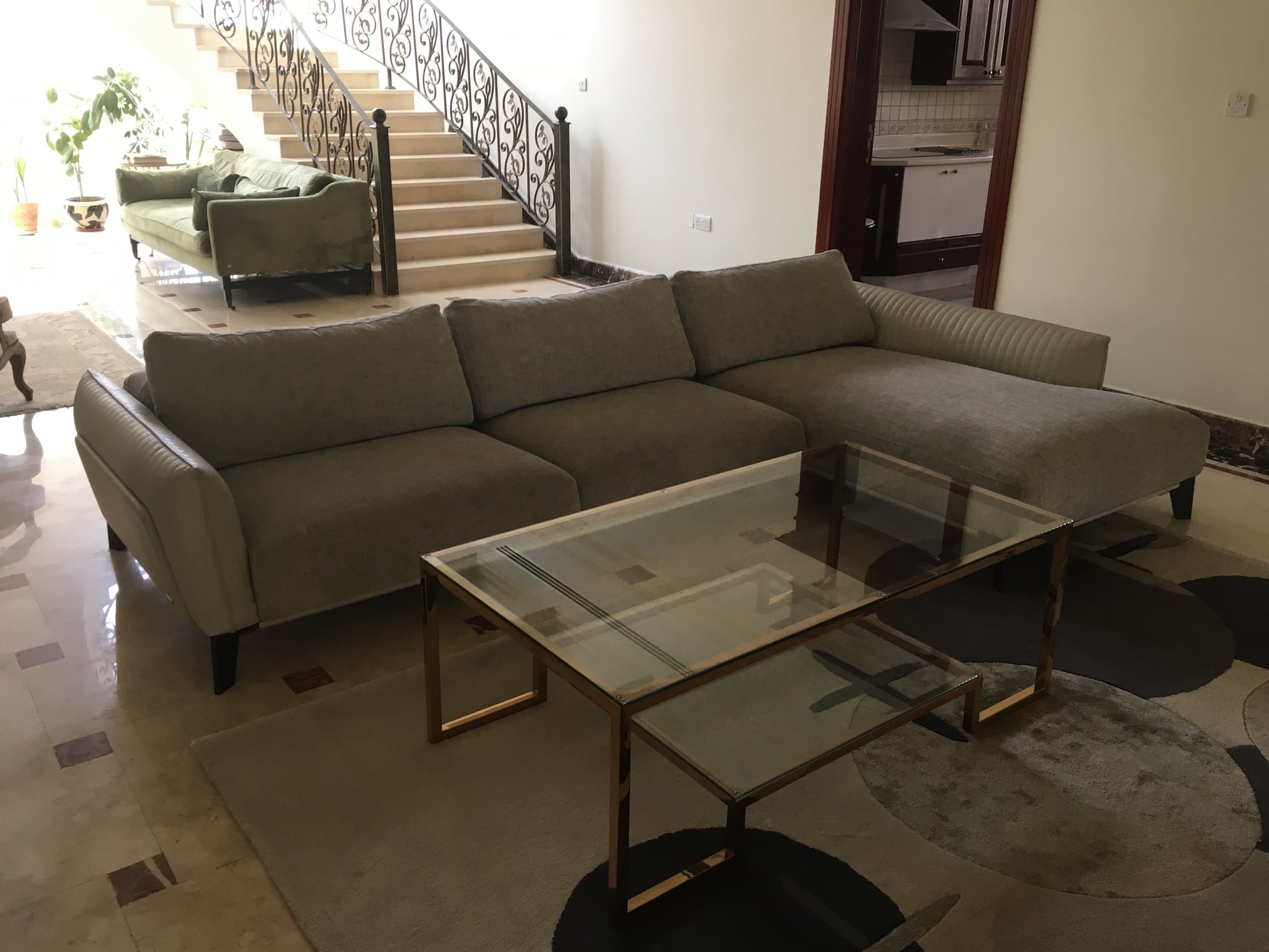 Roche Bobois Leather & Twill Sofa + Light Blue Wool Carpet - Image 7