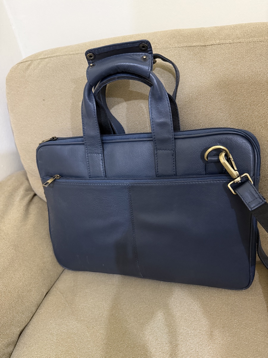 Branded Leather Laptop Bag, Navy Blue - Image 2