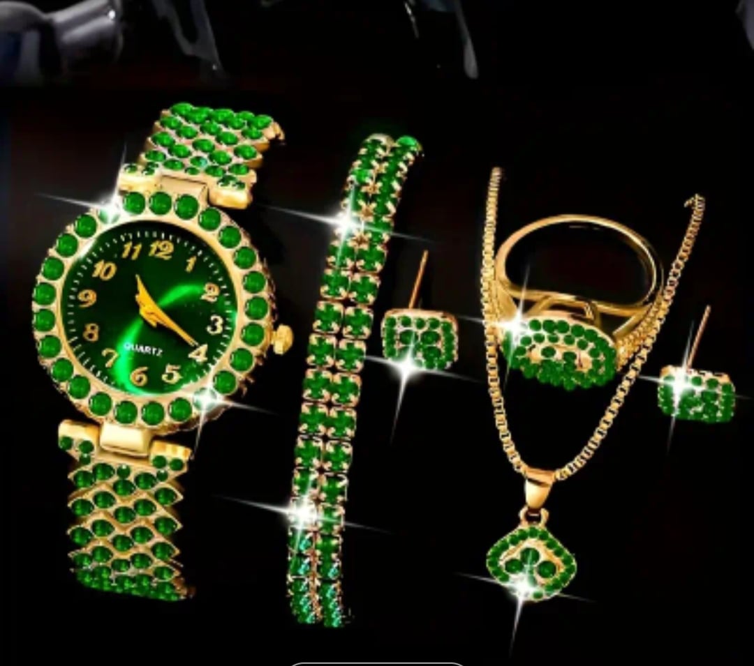 5pcs Ladies Elegant Glamorous Quartz Watch Set, Round Case, Zinc Alloy, - Image 1