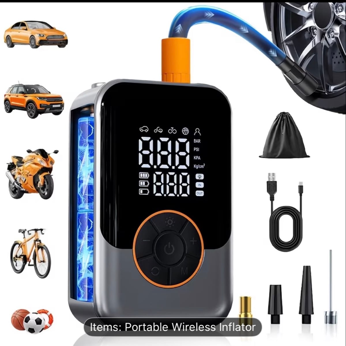 Portable Wireless Air Compressor Tire Inflator- with Digital Pressure Gauge, Emergency LED Light, 4x Fast Cordless Design| Equipped with Rechargeable Battery| Digital Display Tire Air Pump, Suitable for Car, Motorcycle, Bicycle Tires and Sports Balls - Image 2
