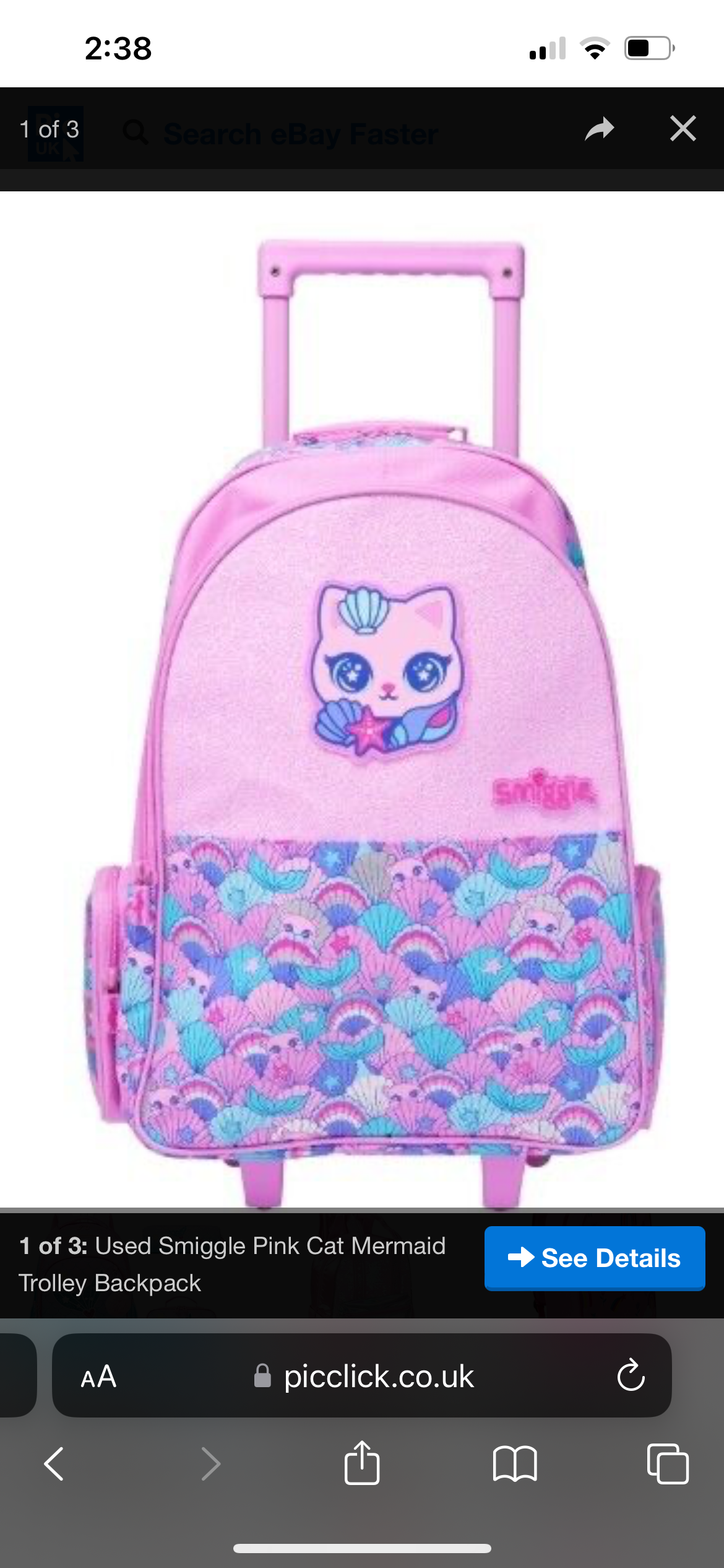 Used smiggle pink cat mermaid backpack trolleybag - Image 1