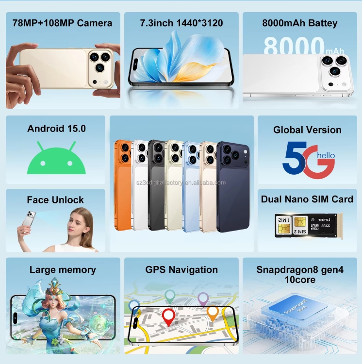 Latest I17Pro Max Smartphone 7.3 Inch HD Display Android French Dual Card 108MP 16GB 1TB Storage Battery - Image 8