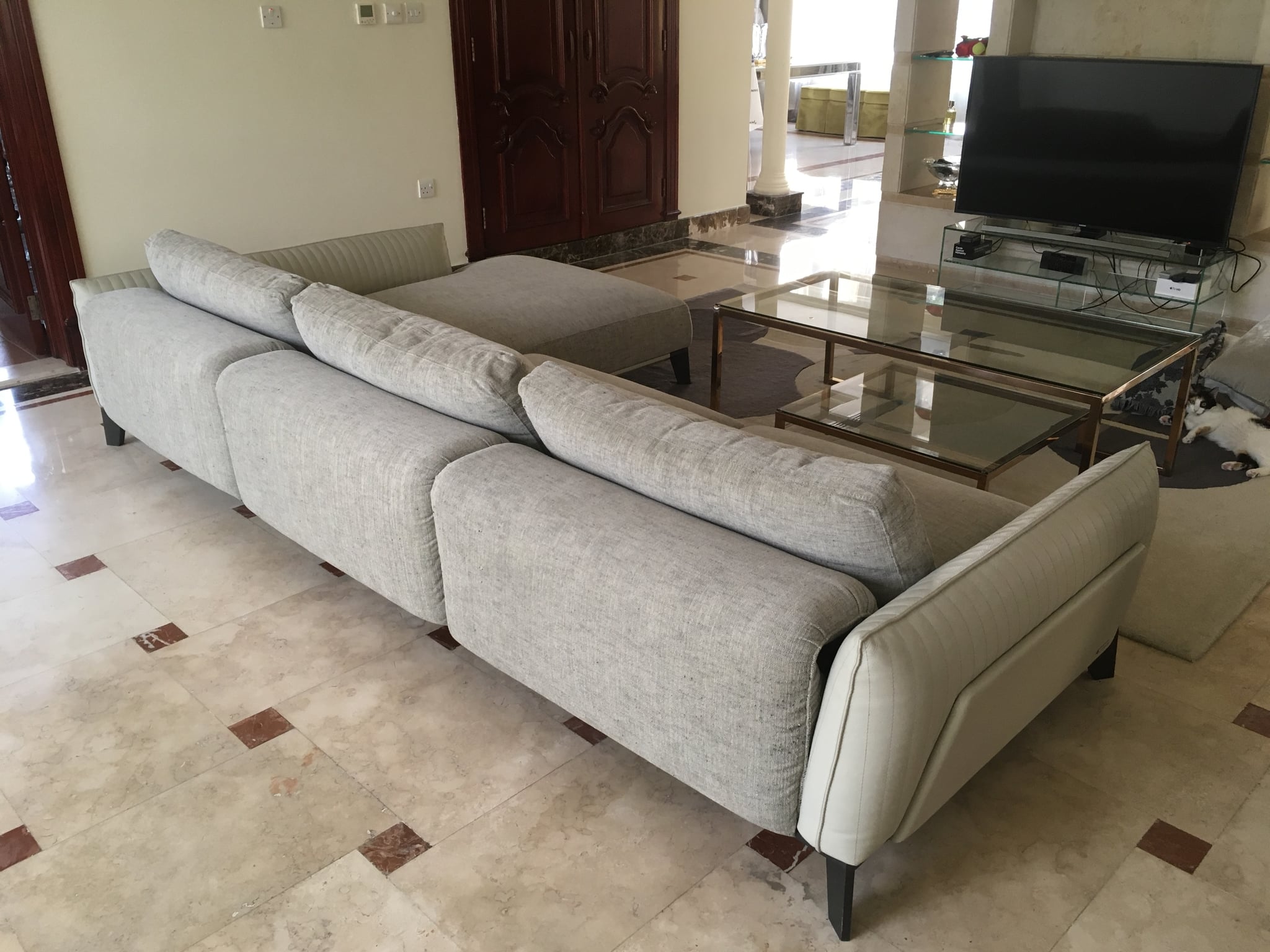 Roche Bobois Leather & Twill Sofa + Light Blue Wool Carpet - Image 5