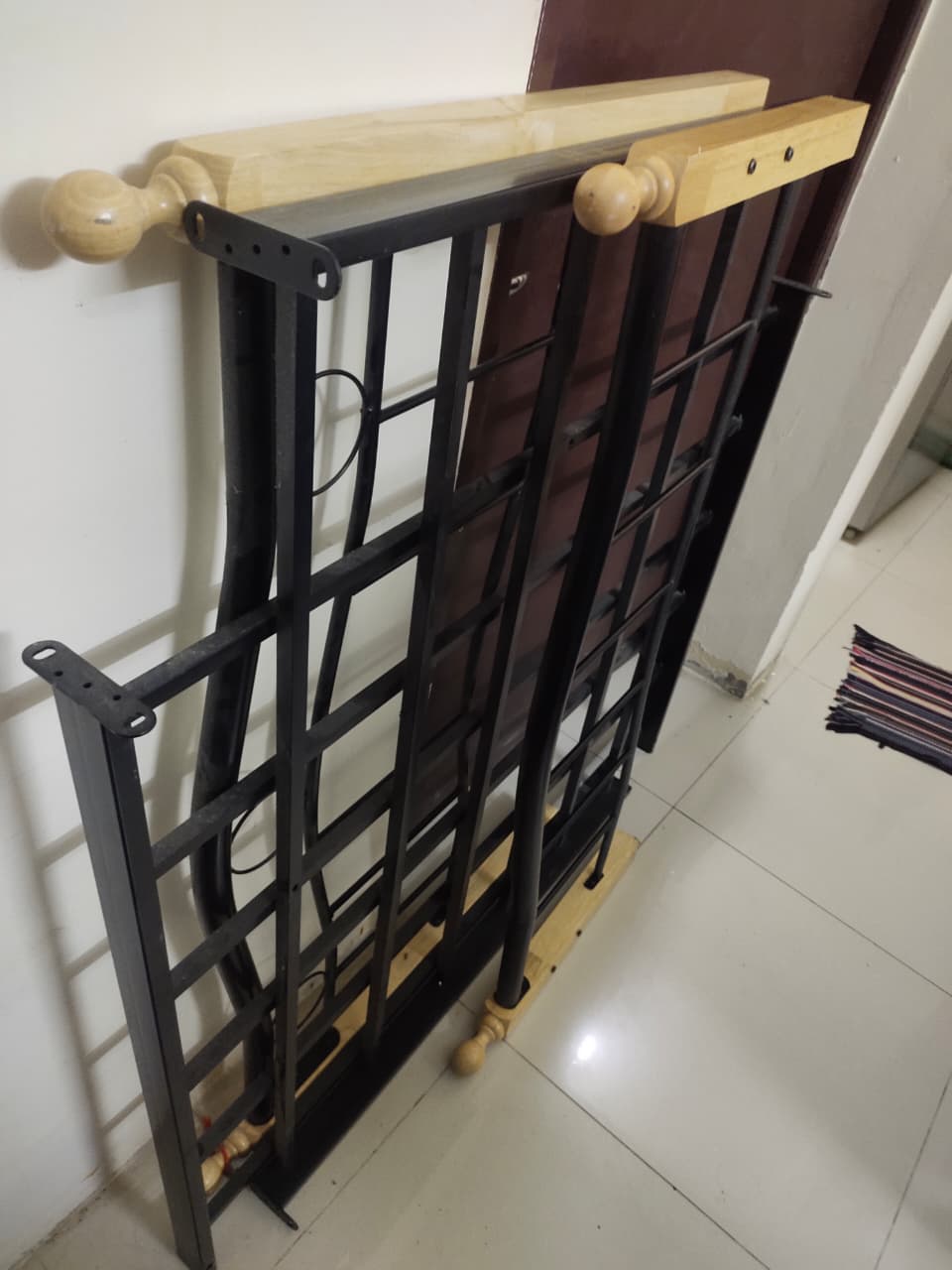 Sturdy Metal Bed Frame with Wooden Finish – Almost New (No Mattress) - Image 2