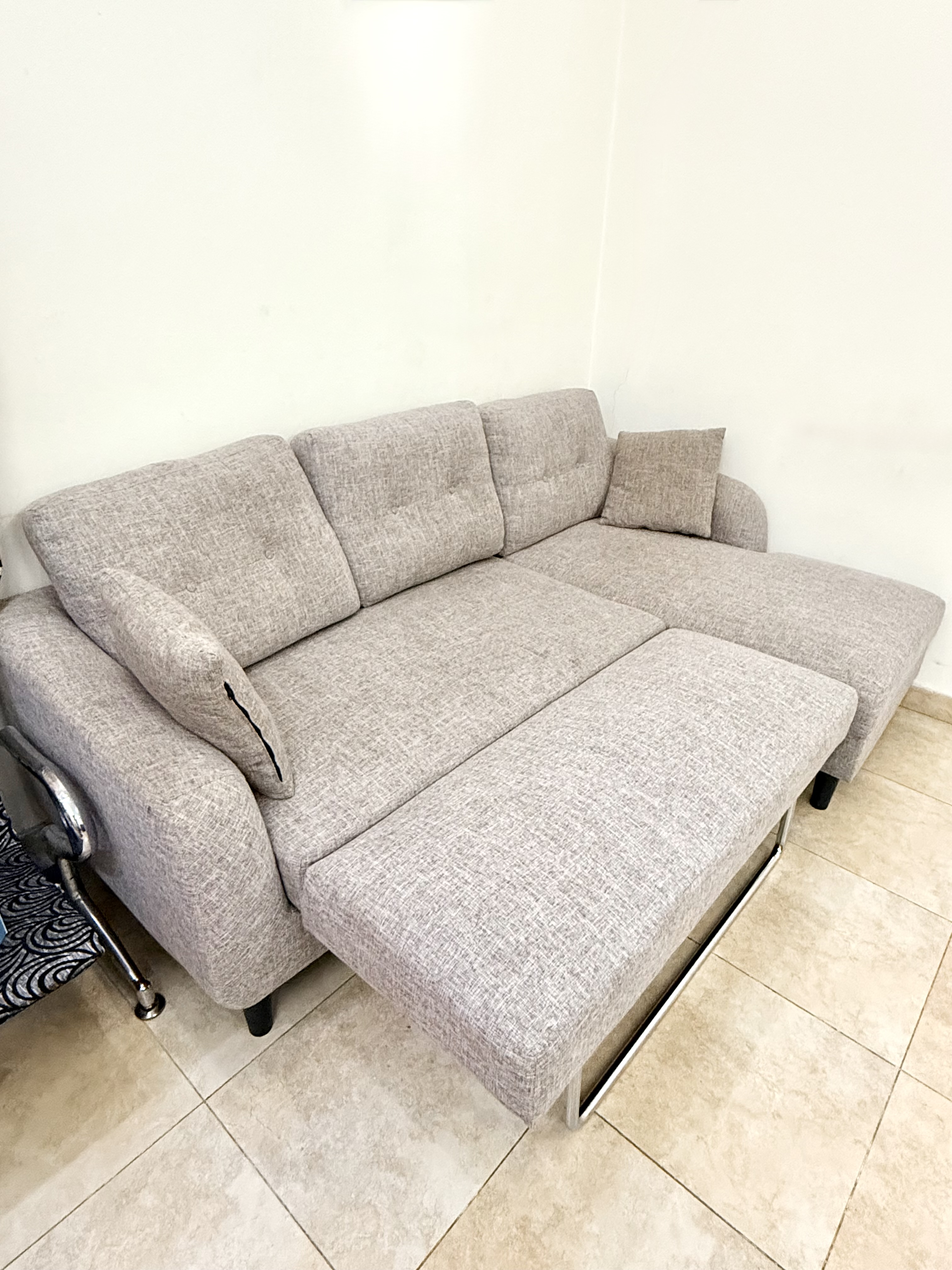 3-Seater Grey L-Shaped Sofa Bed – Linen Blend - Image 3