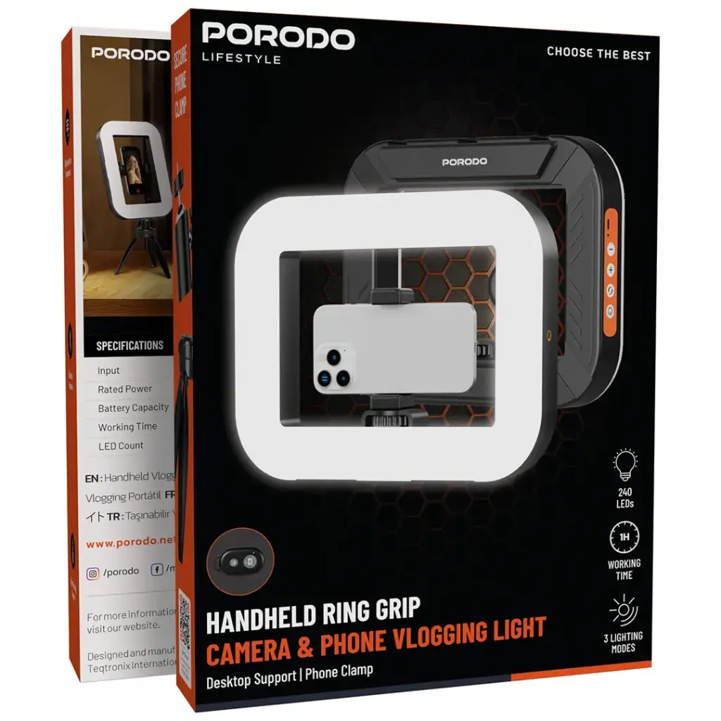 Porodo Lifestyle Handheld Ring Grip Camera & phone vlogging light - Image 1