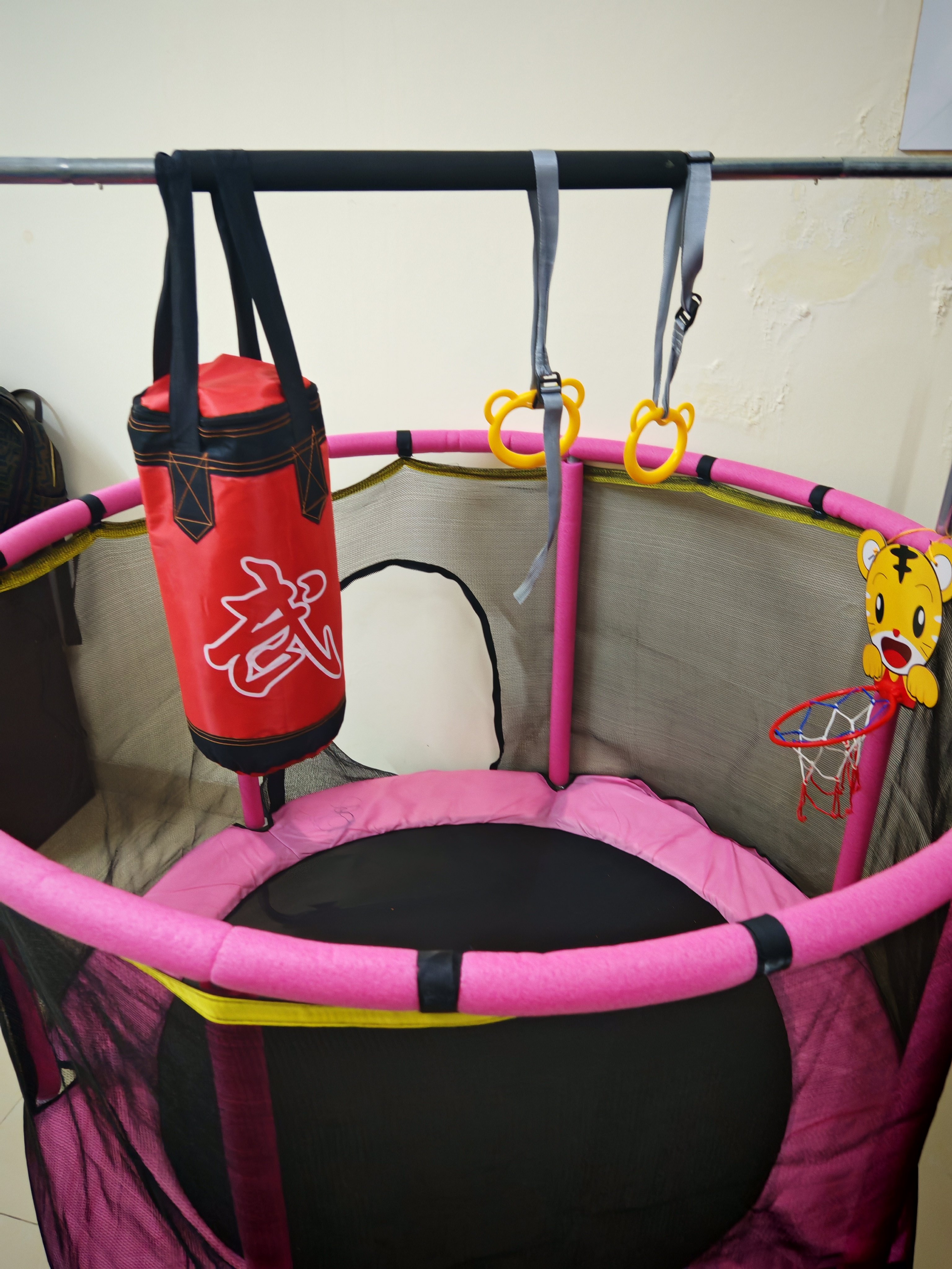 Kids Trampoline with Basketball Hoop & Punching Bag – Good Condition - Image 2