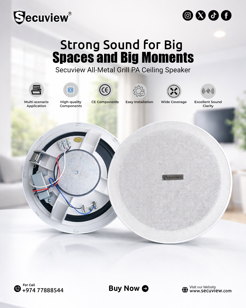 Secuview All-Metal Grill PA Ceiling Speaker with Crystal-Clear Audio - Image 1