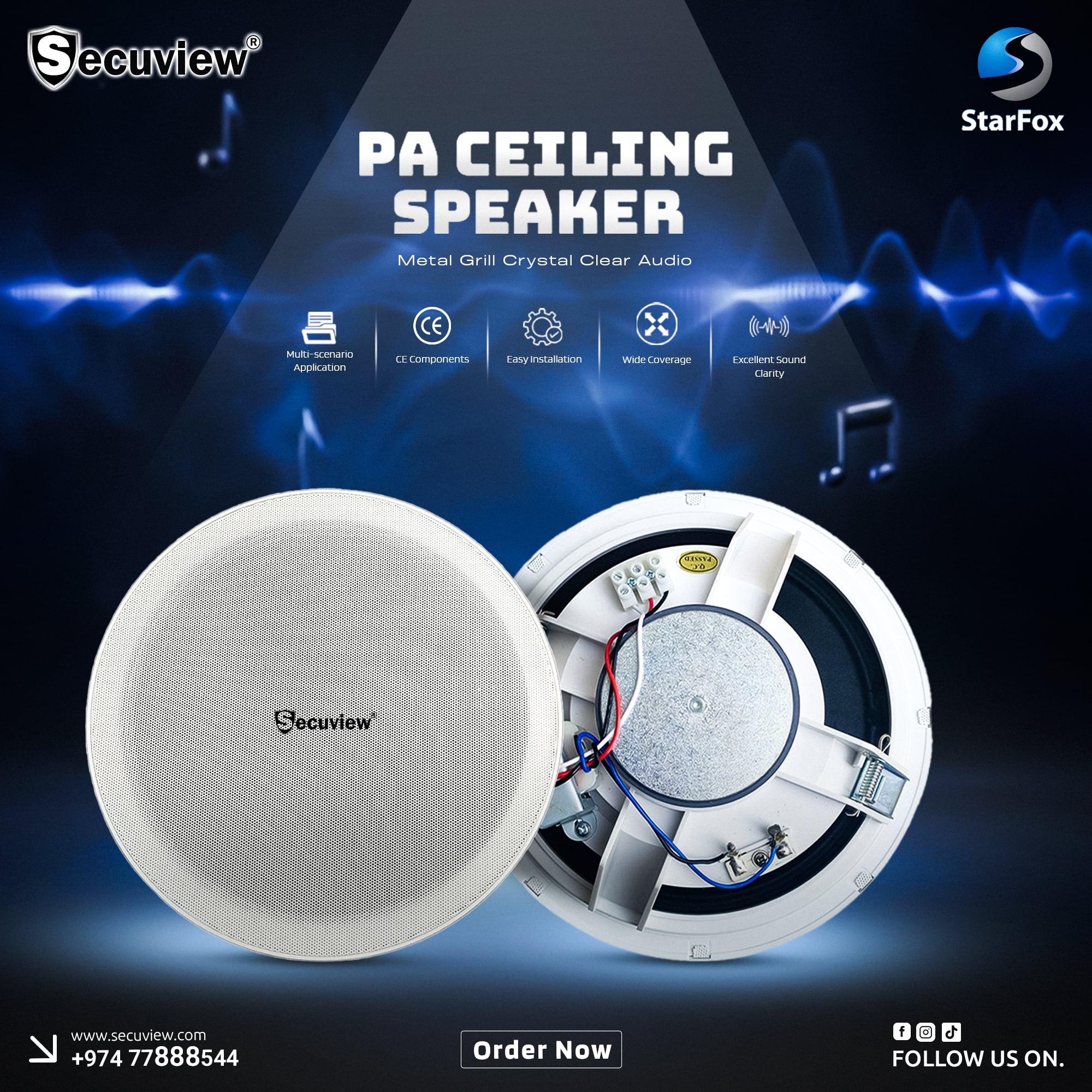 Secuview All-Metal Grill PA Ceiling Speaker with Crystal Clear Audio - Image 1