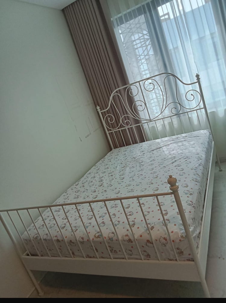 White Metal Bed Frame Single Bed Frame Mattress Bed Frame Bedroom Bed + with mat - Image 3