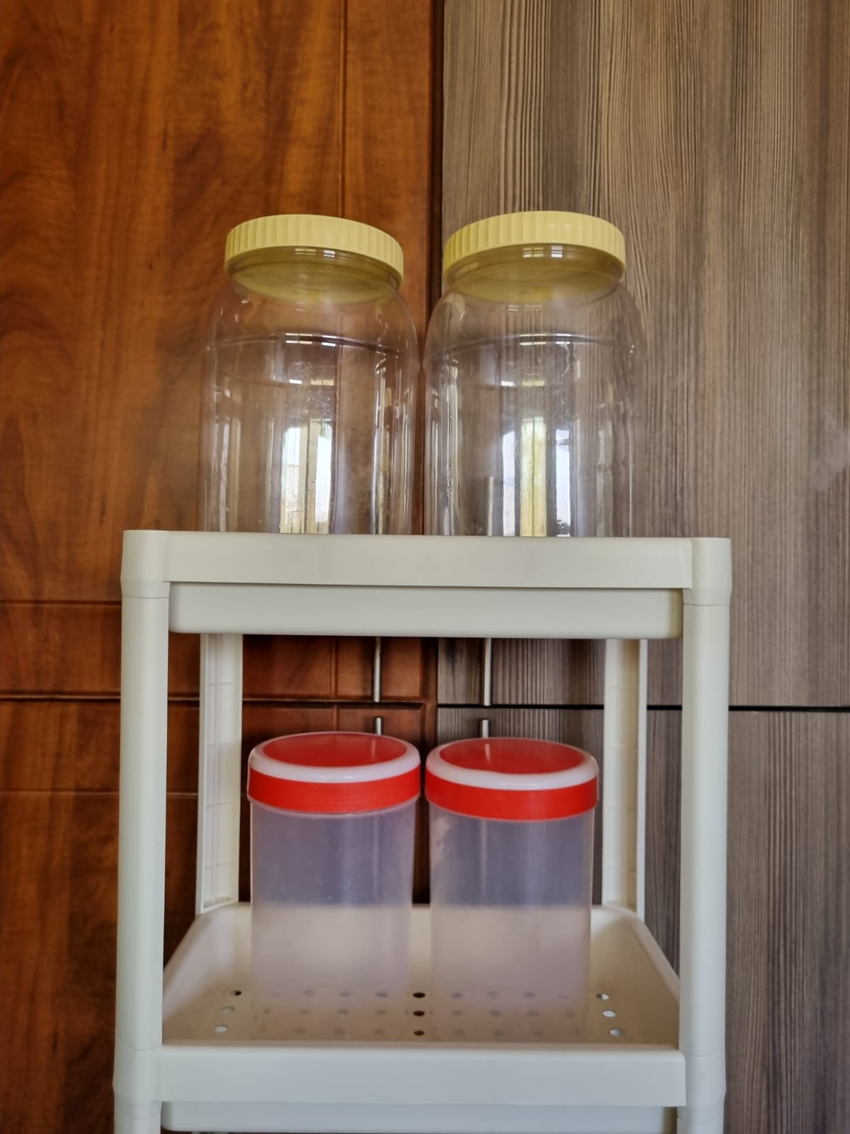 IKEA VESKEN 4-tier white shelf unit with assorted kitchen storage - Image 8