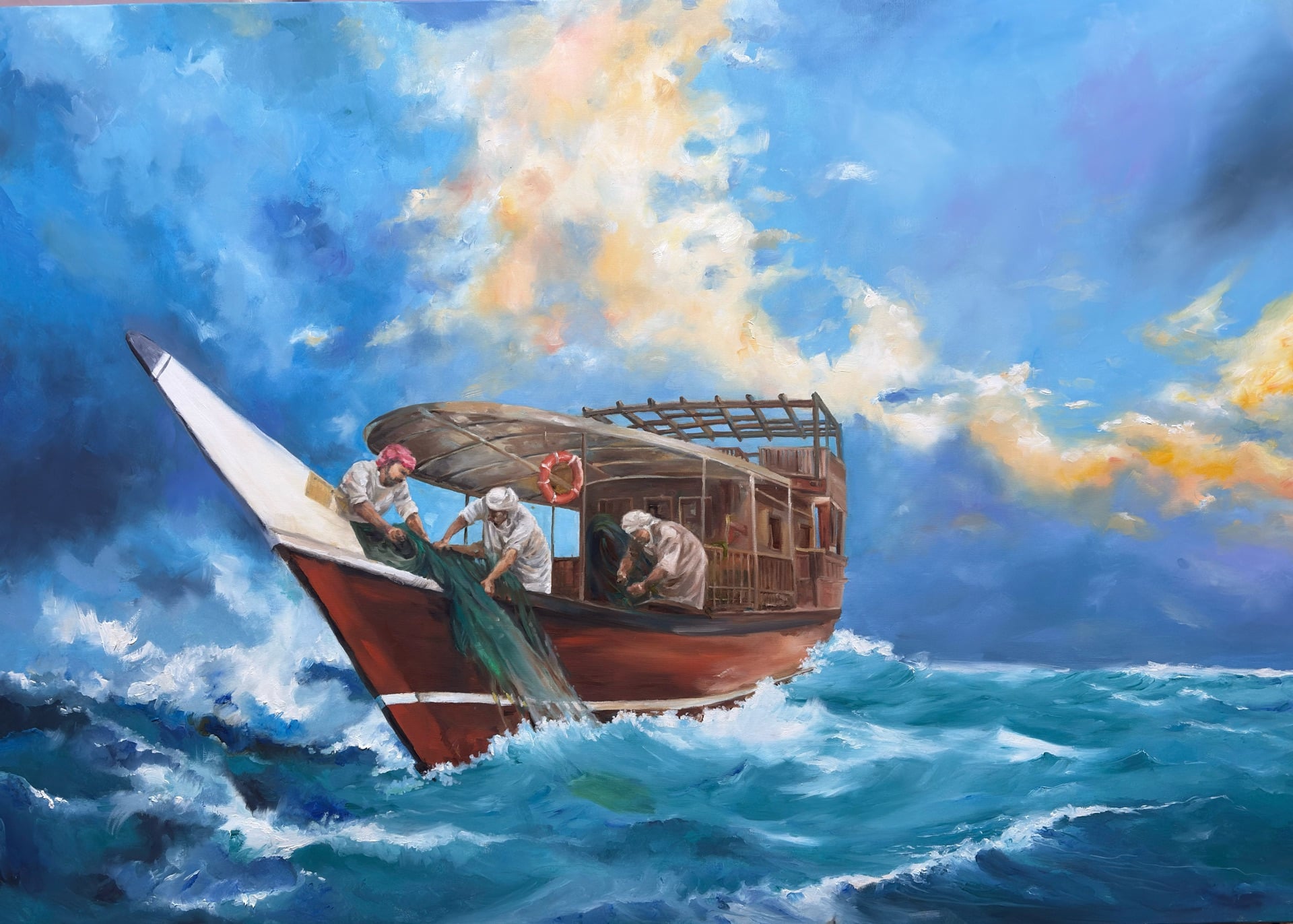 Beyond the Challenge – Traditional Arabian Dhow - Oil Painting - Image 4