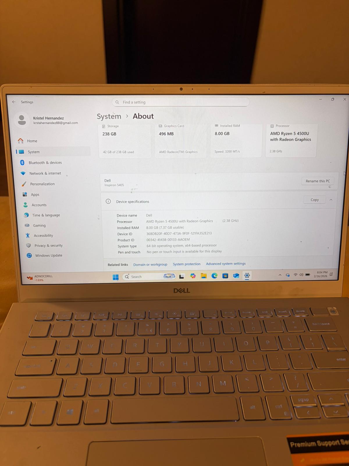 Dell Inspiron 5405 – Ryzen 5 – 8GB RAM – 238GB SSD - For Sale - Image 5