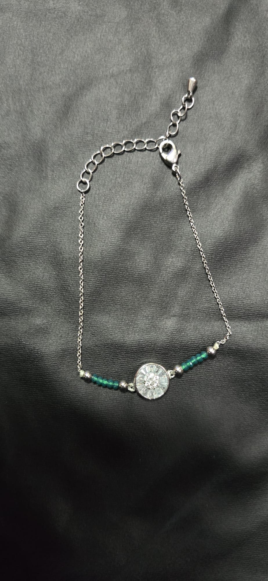 silver-tone chain bracelet featuring green beads - Image 2