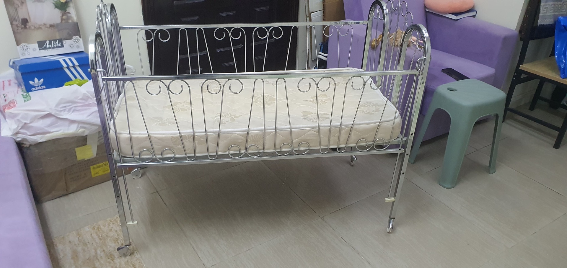 Silver Metal Baby Cot / Toddler Bed with Mattress - Image 3