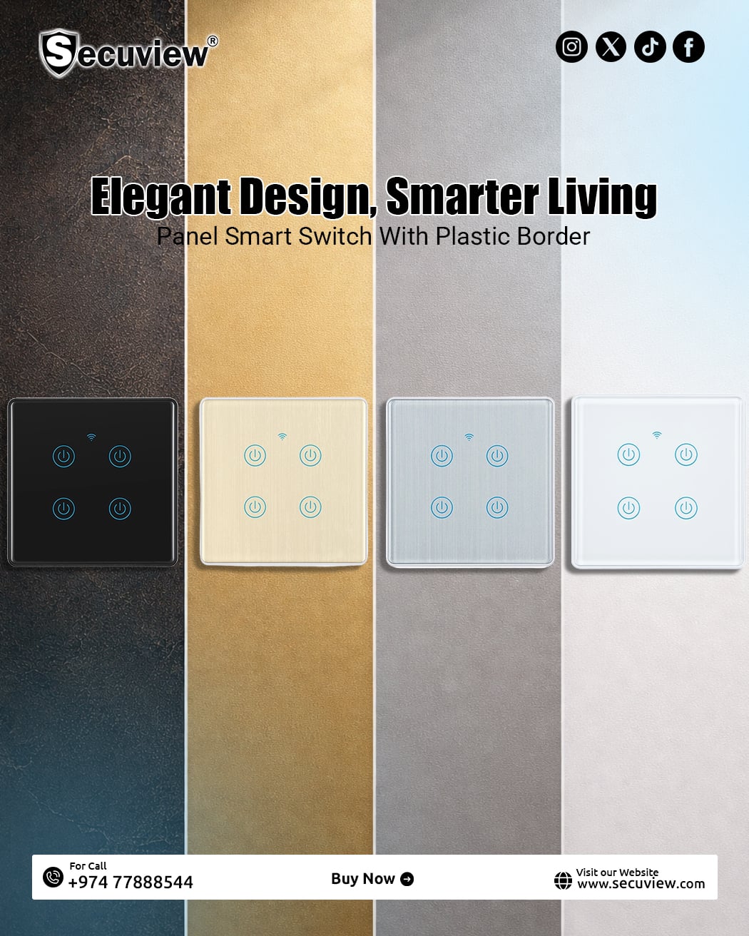 Secuview Four Gang Brushed Panel Smart Switch With Plastic Border - Image 1