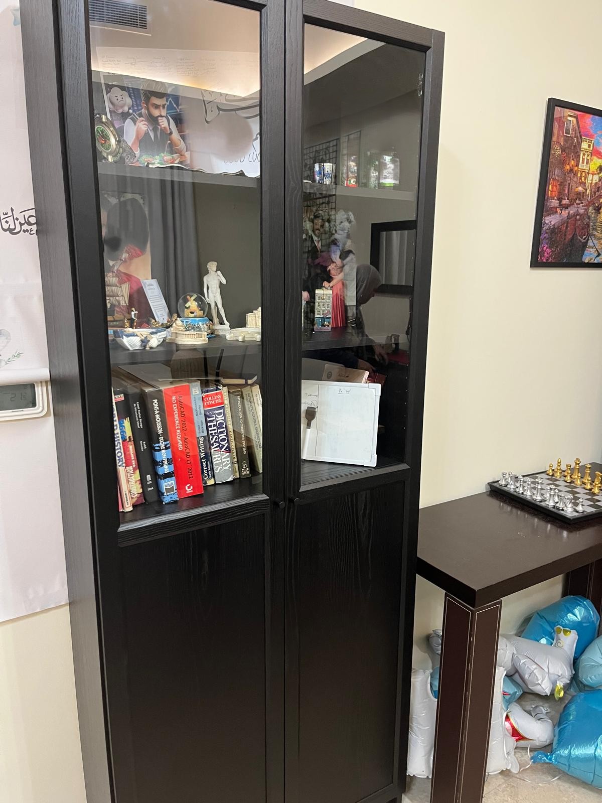 Bookcase with glass doors, black oak effect, 80x30x202 cm - Image 3