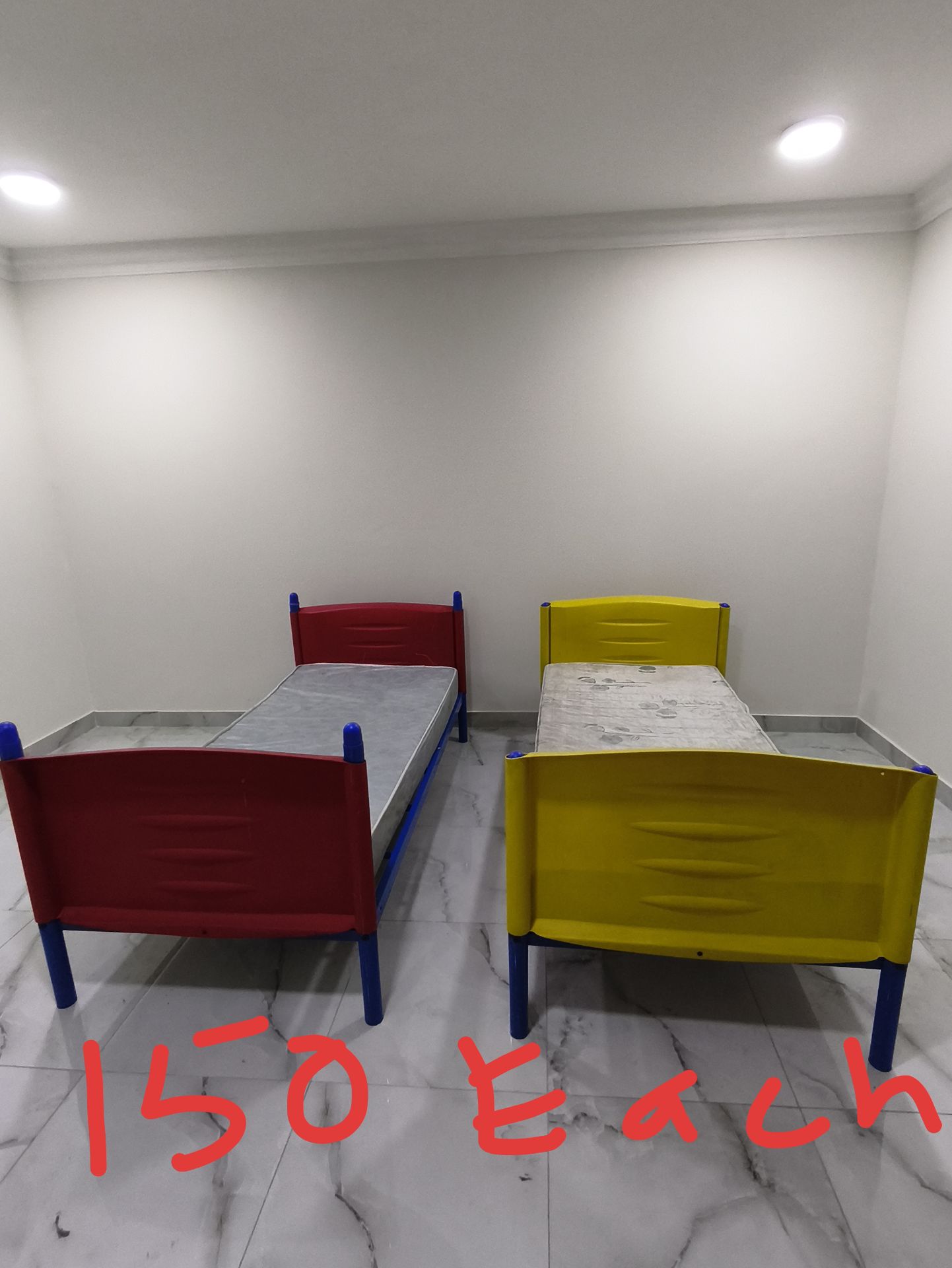 Master bed + side tables Home Centre. Single beds + Mattress Red and Yellow  - Image 3