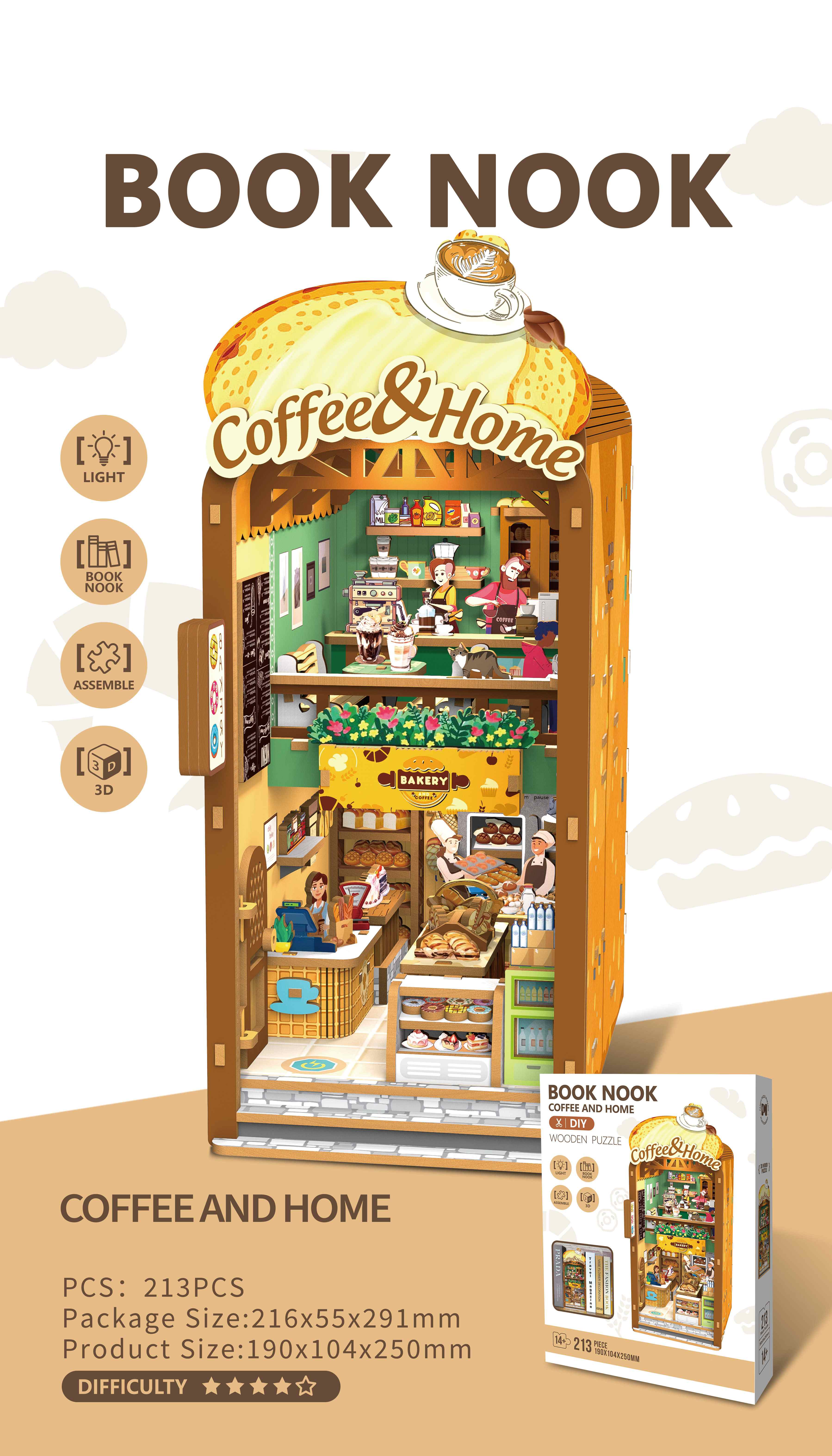 Book Nook DIY Mini Library with LED Light – Coffee & Magical - Image 2