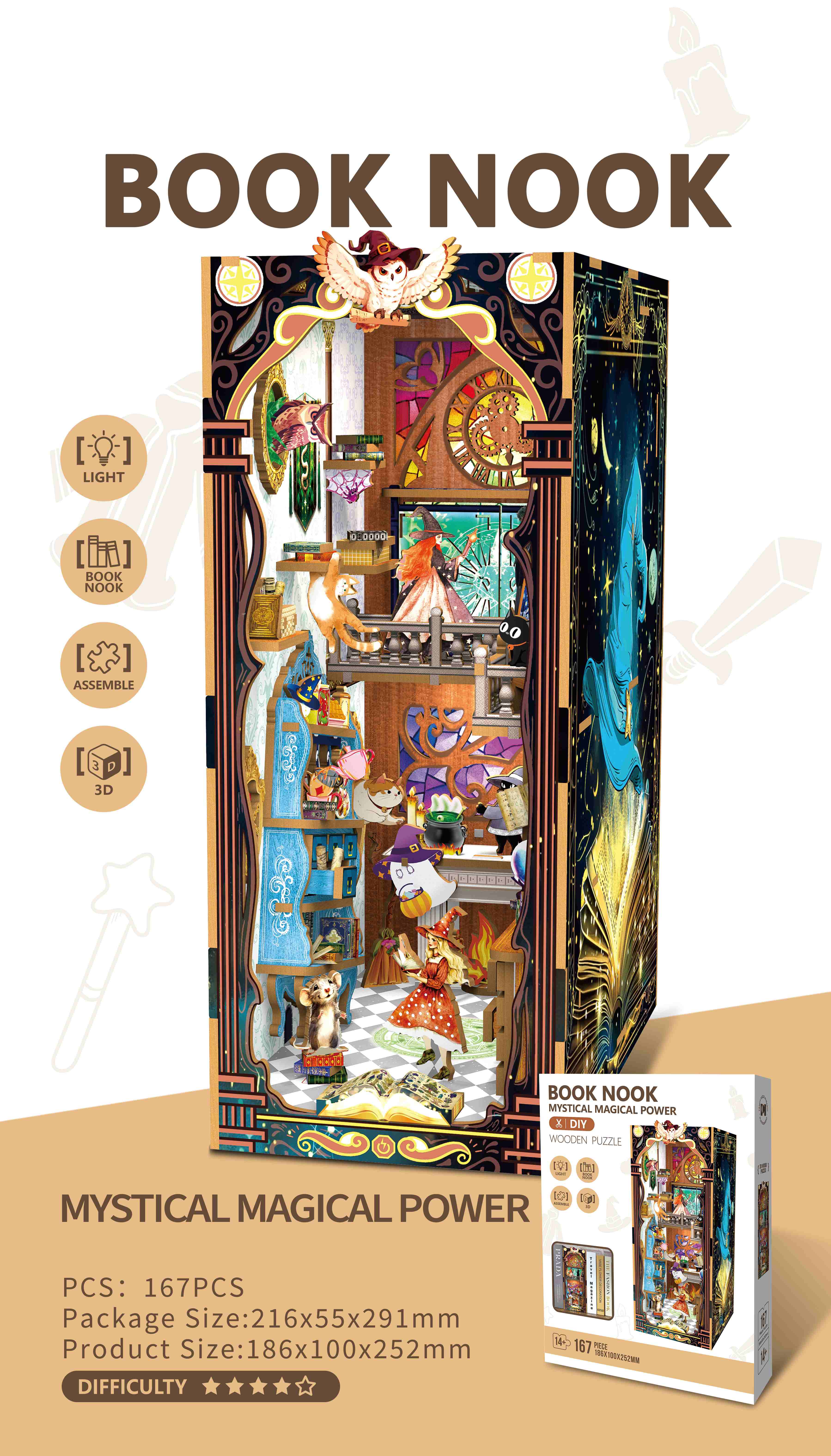 Book Nook DIY Mini Library with LED Light – Coffee & Magical - Image 1