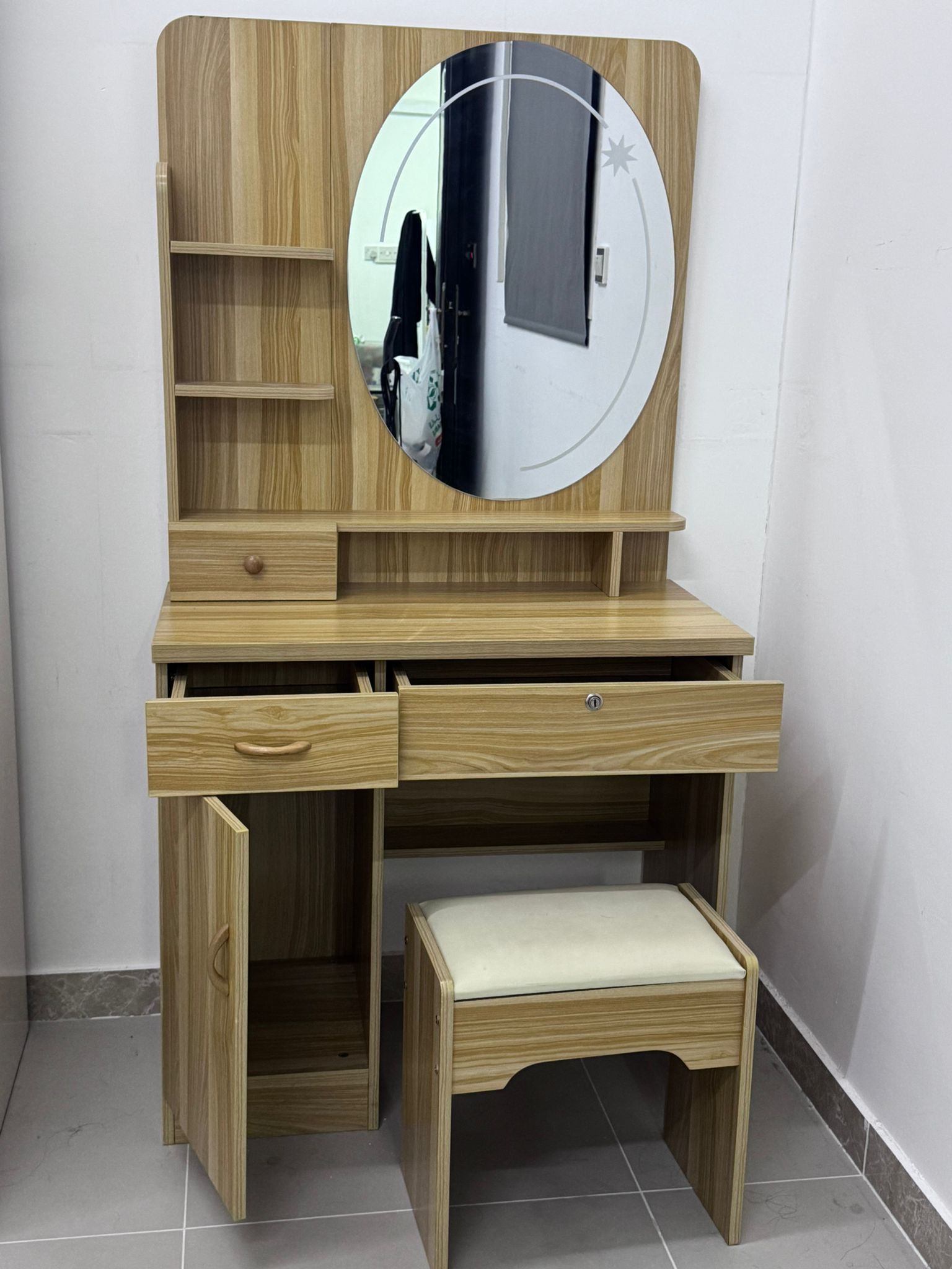 Dressing Table with Mirror, Drawers & Stool – Good Condition - Image 1