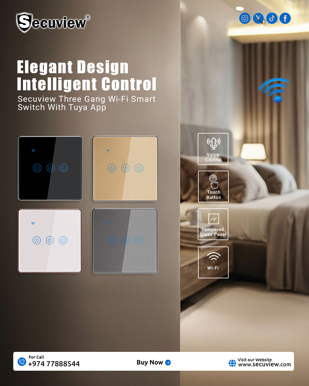 Secuview Three Gang Wi-Fi Remote Control Smart Switch - Image 1
