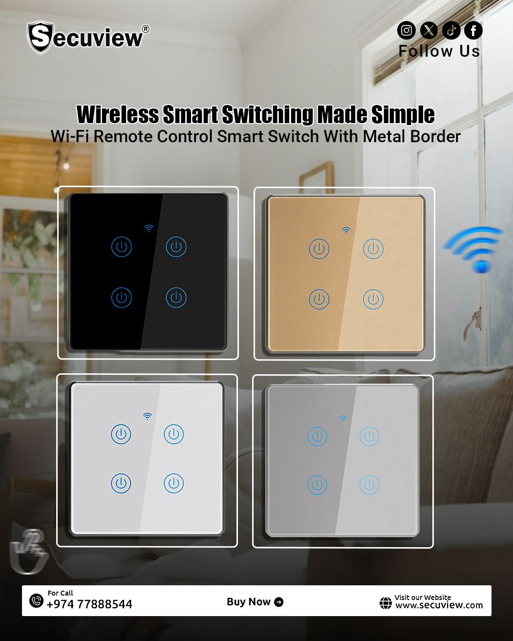 Secuview Four Gang Wi-Fi Remote Control Smart Switch With Metal Border - Image 1