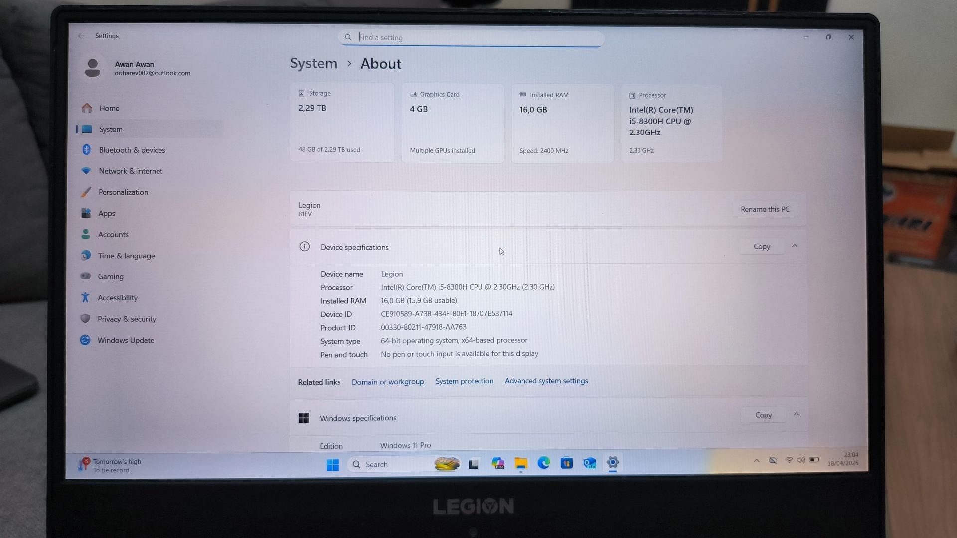 Laptop Gaming Lenovo Legion i5-8300 H 2.3Hz - Image 2