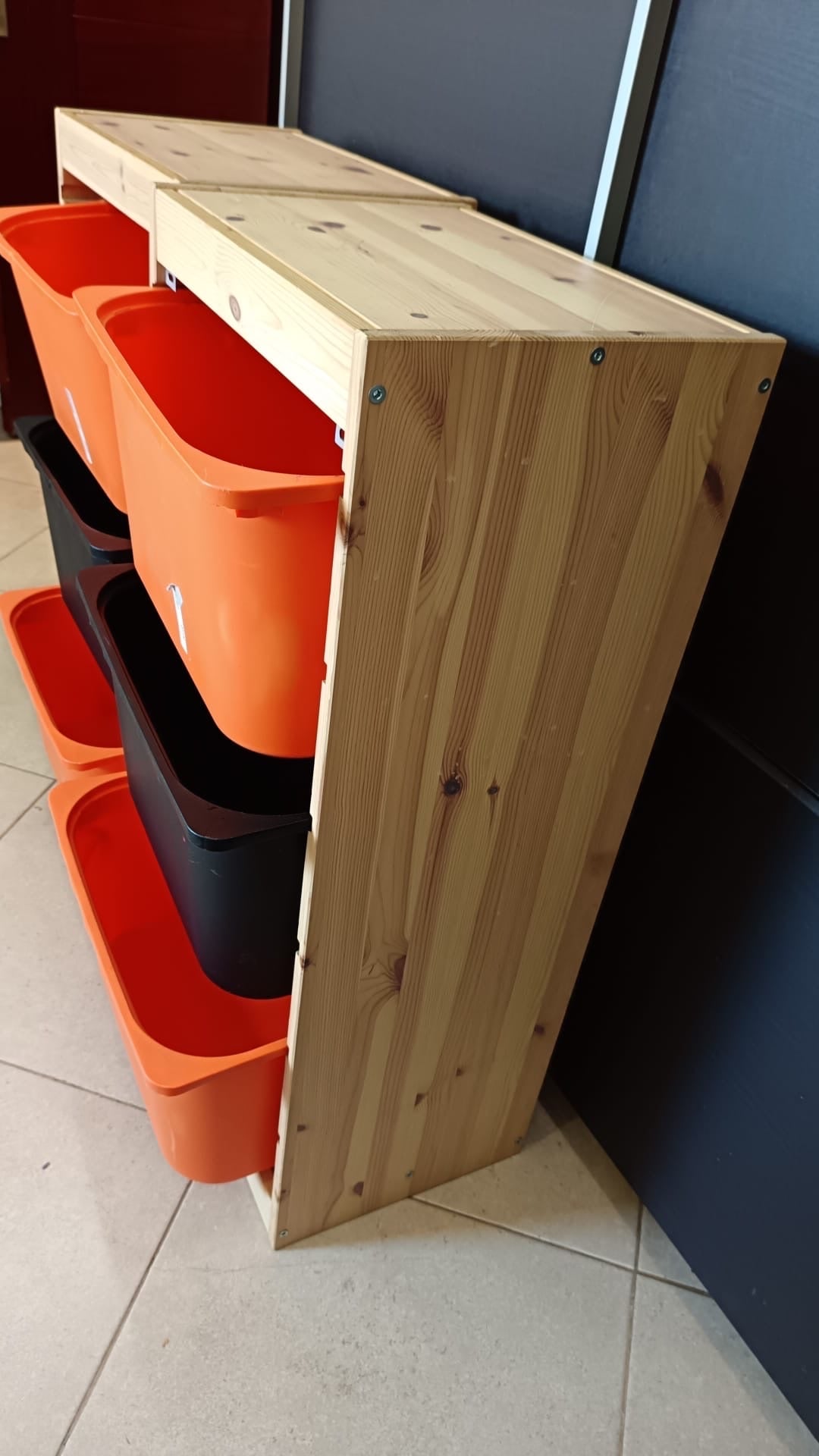 IKEA-style wooden toy storage units with plastic bins - Image 1