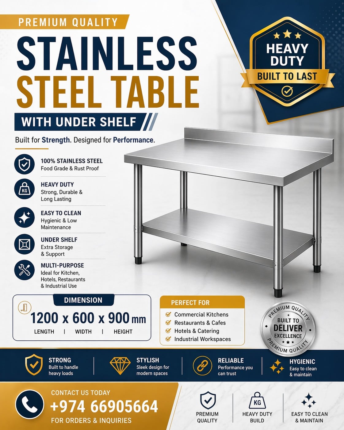 STAINLESS STEEL TABLE WITH UNDER SHELF - Image 2