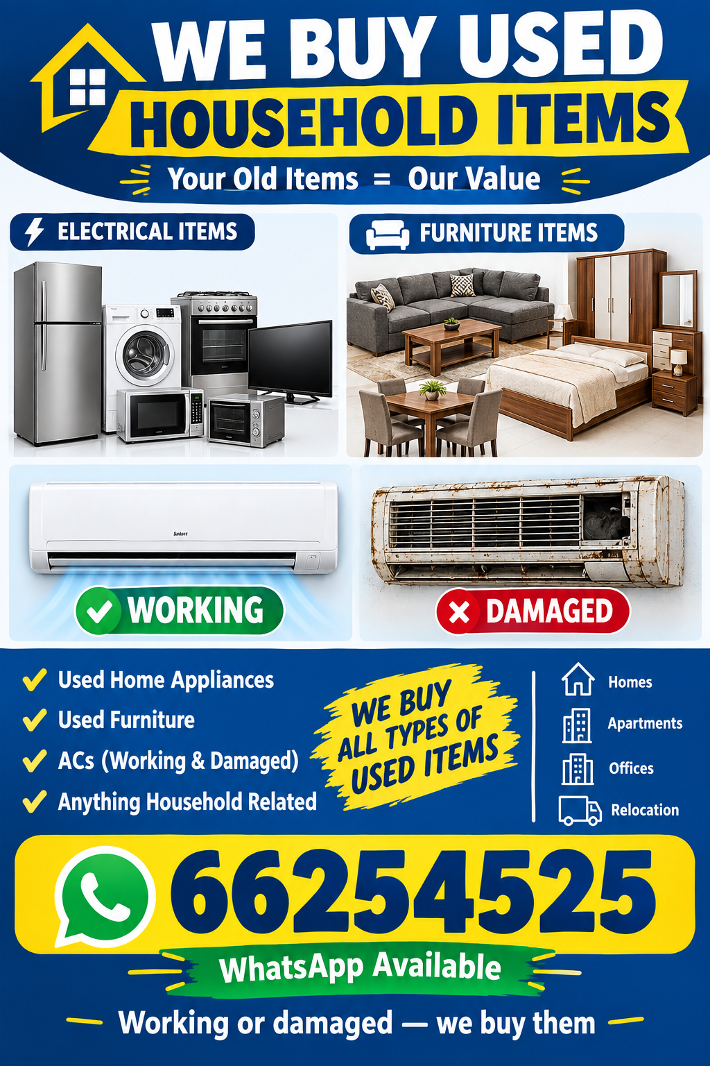 Buying used house hold items working and damage Ac - Maintenance Services